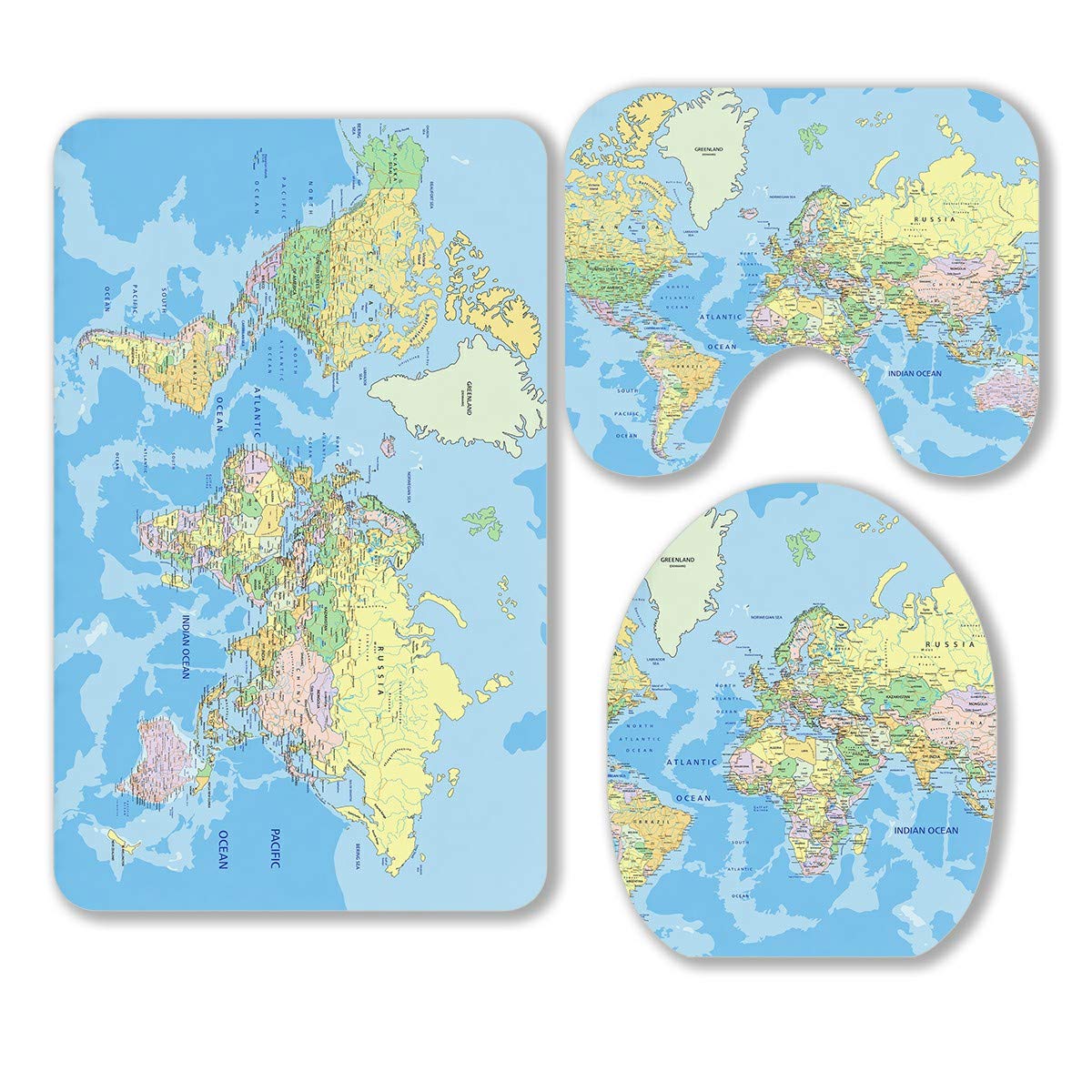 ABPHQTO Highly Detailed Political World Map 3-Piece Bathroom Rug Set - Non-Slip Contour Mat & Toilet Lid Cover - Perfect for Geography Lovers, Modern Bathrooms & Unique Home Decor