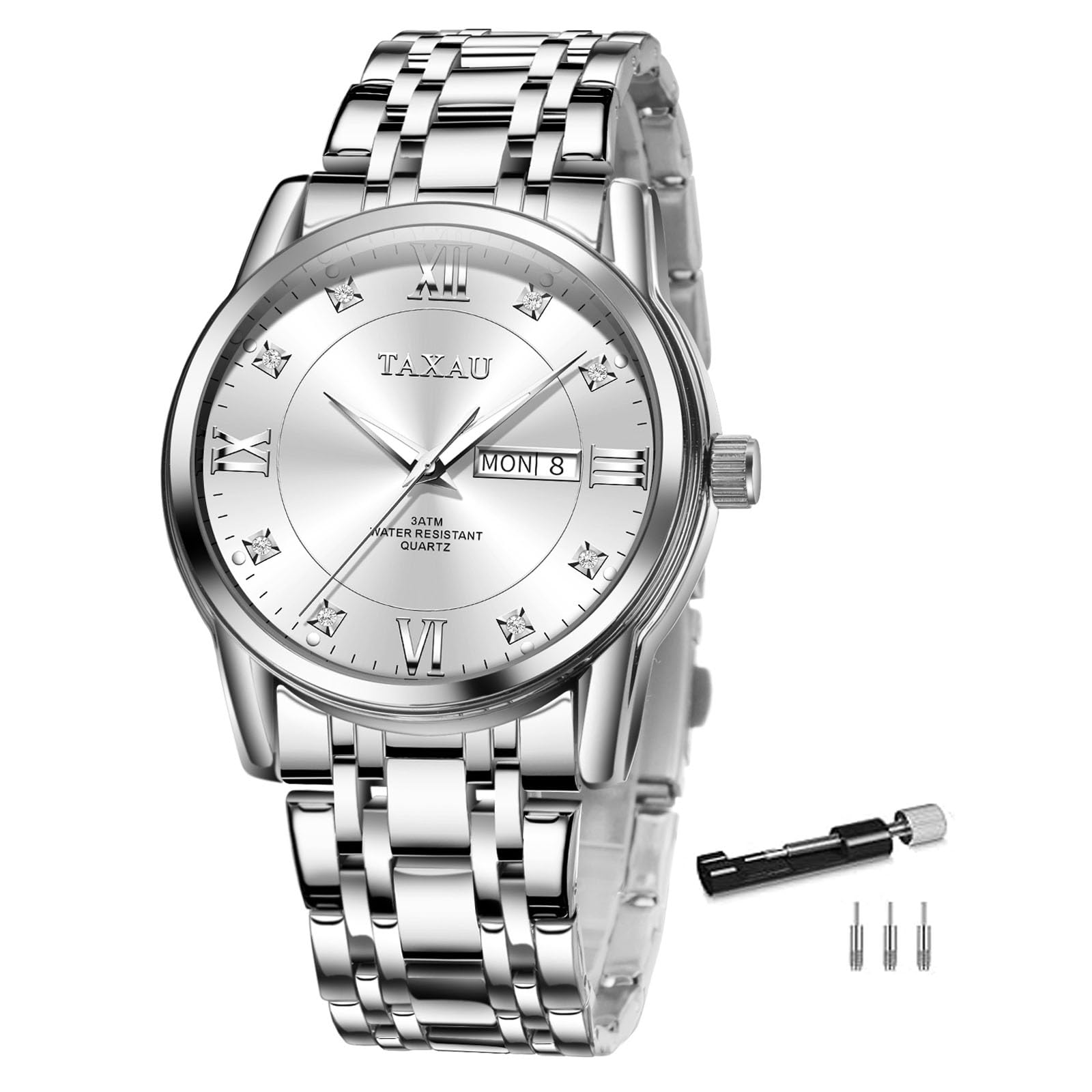 **Luxury Men's Stainless Steel Watch with Diamond Accents - Water Resistant, Big Face, Date Display - Quartz Business Watch for Men (Silver/Black/Grey) - Perfect for Office, Formal Events & Gifts**