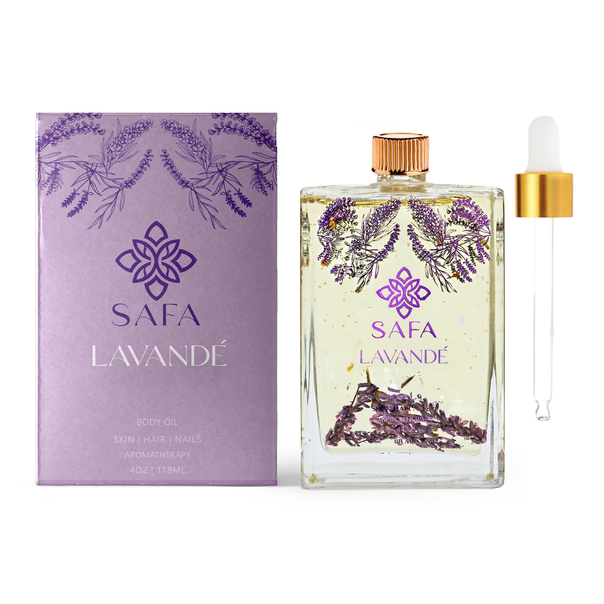 SAFA Lavender Essential Oil for Face, Body, Hair & Nails - 100% Pure Natural Moisturizing Oil for Skin Care, Aromatherapy & Diffusers | Long Lasting Fragrance Body Oil After Shower | 4 Fl Oz - Perfect for Relaxation, Massage & Home Spa Treatments