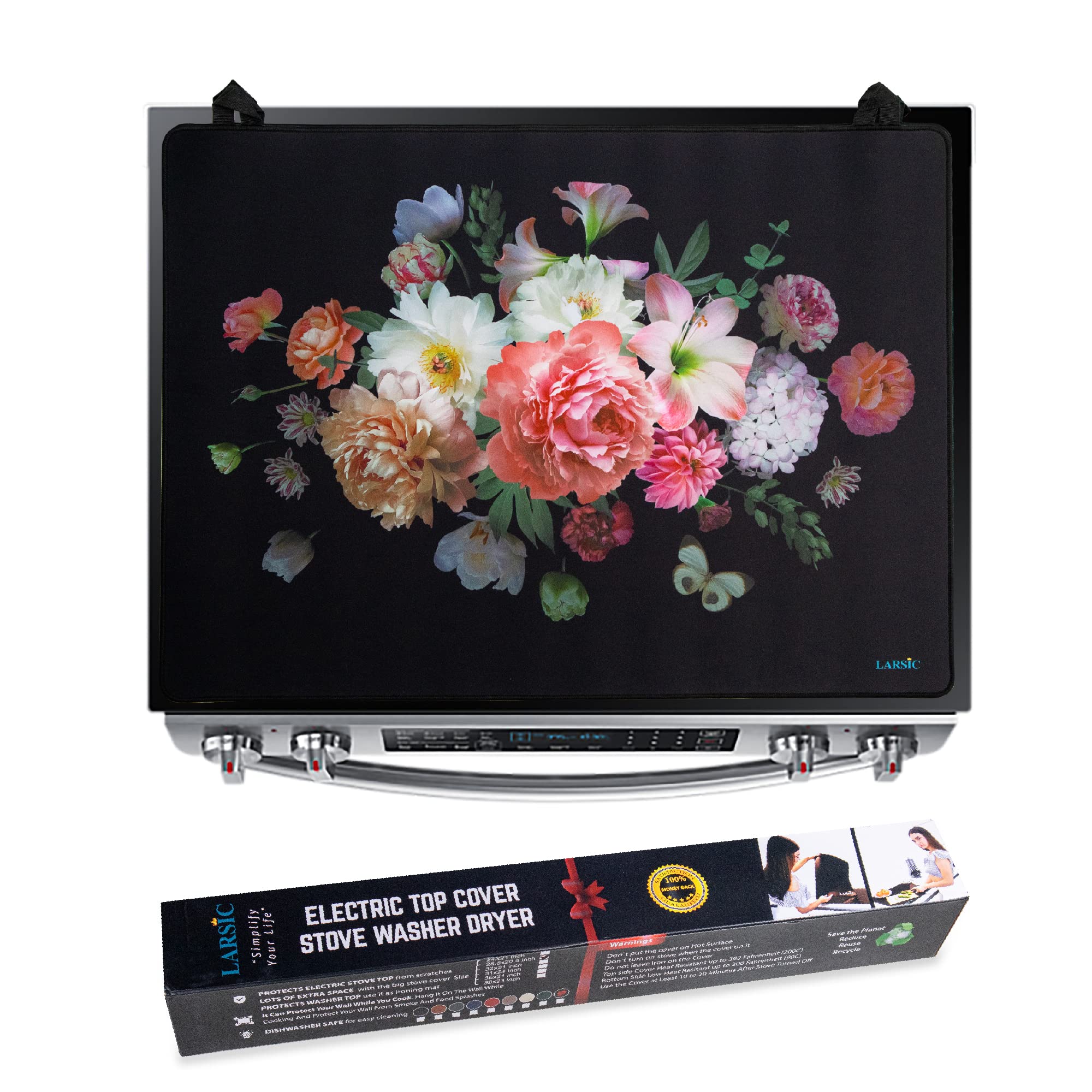 Larsic Stove Cover - Waterproof & Anti-Slip Induction Cooktop Protector Mat for Electric Stove, Washer, Dryer - Foldable Design for Easy Storage (28.5x20.5 Inches, Floral Pattern) - Perfect for Kitchen Countertop Protection & Space Saving
