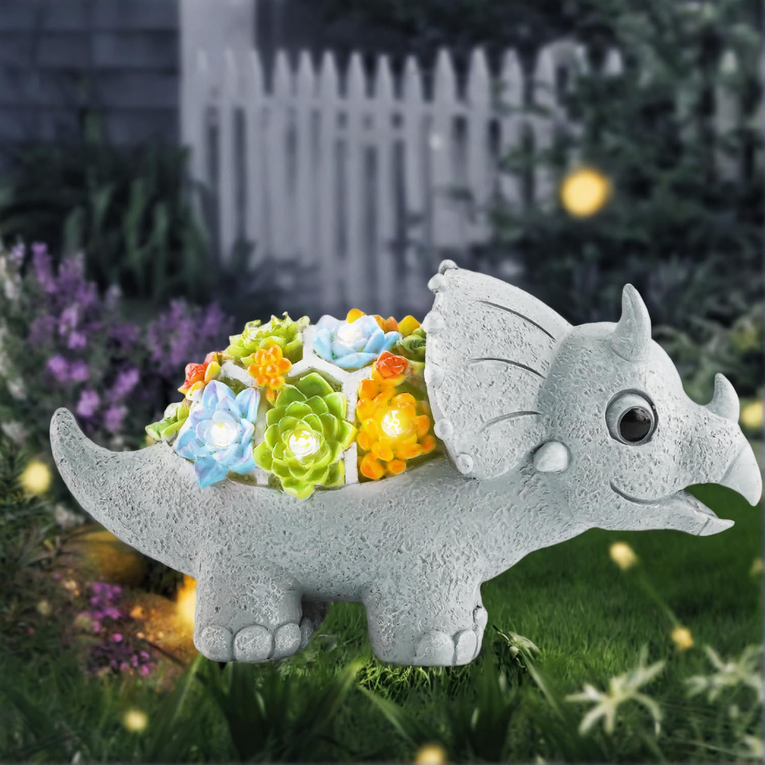 Solar Dinosaur Garden Statues with LED Lights & Succulent Planter - Outdoor Lawn Decor for Patio, Balcony, Yard - Unique Housewarming & Birthday Gifts for Women, Mom, Grandma - Perfect for Garden Themed Parties & Dinosaur Lovers