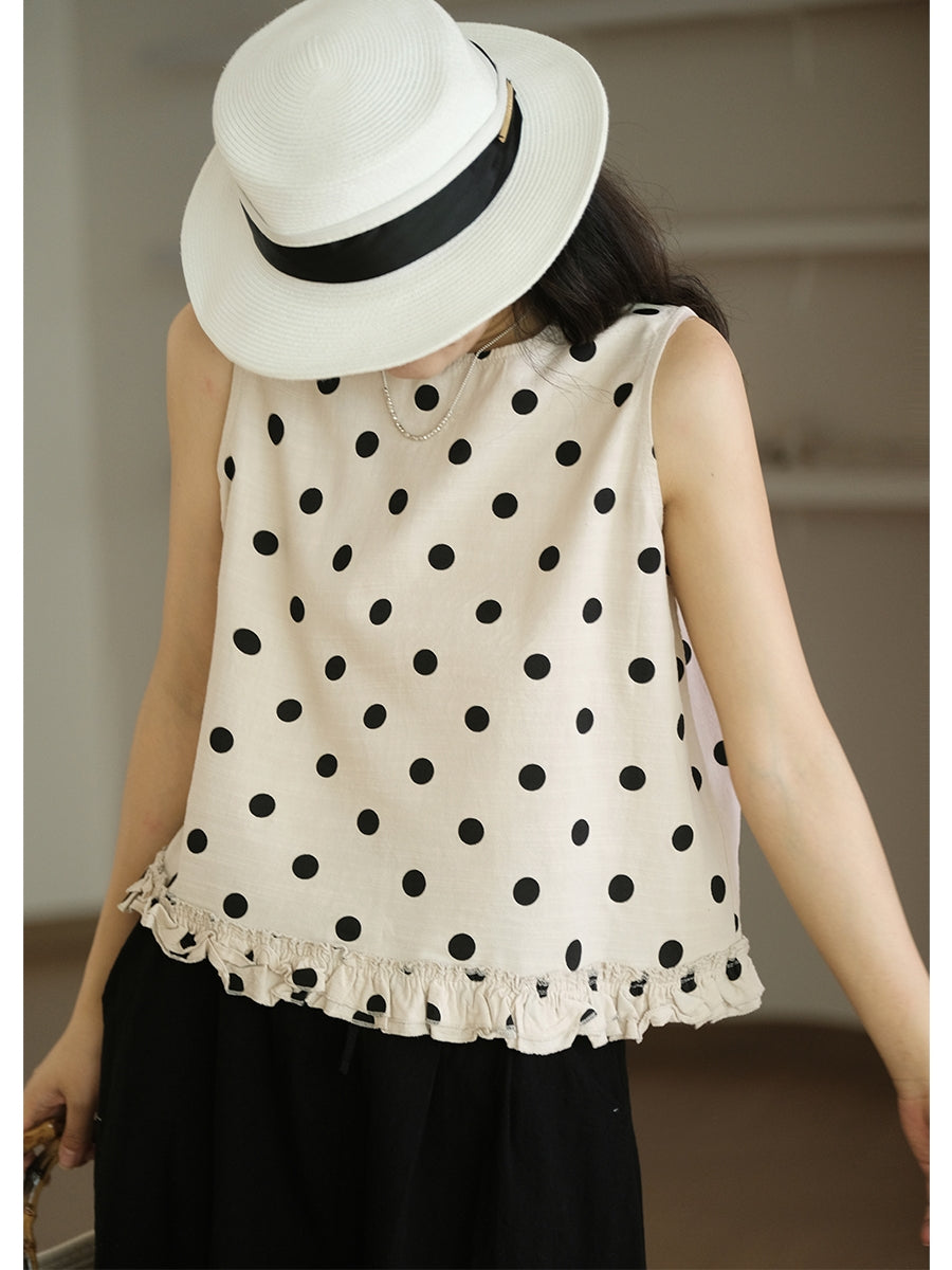Plus Size Women's Casual Loose Cotton Vest with Dot Lacework Hem - Comfortable Summer Layering Top for Beach, Travel & Everyday Wear