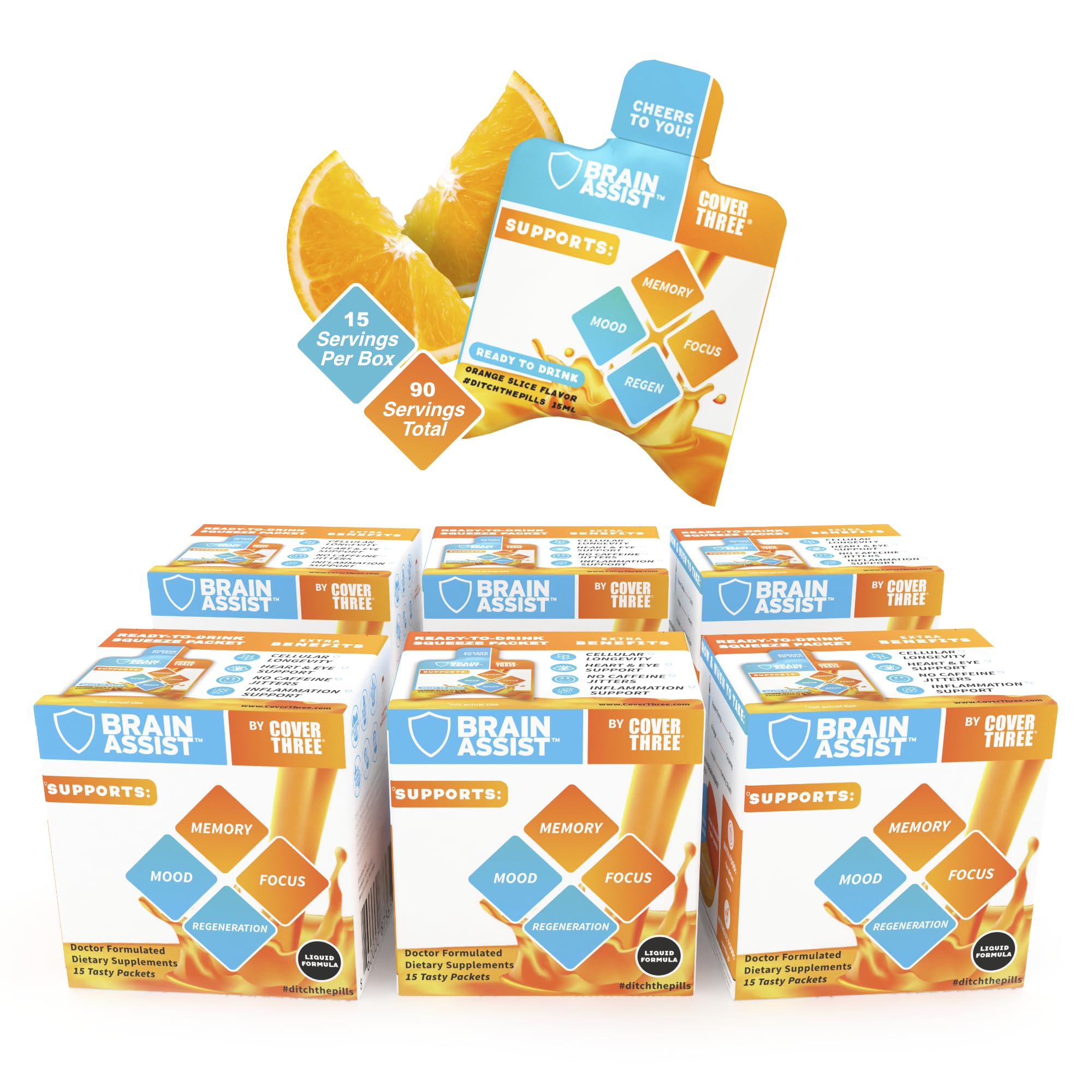 Premium Brain Support Supplement with Curcumin & Uridine - Memory & Focus Booster, Orange Slice Liquid Formula for Cognitive Enhancement (6 Pack) - Ideal for Students, Professionals & Seniors Seeking Mental Clarity