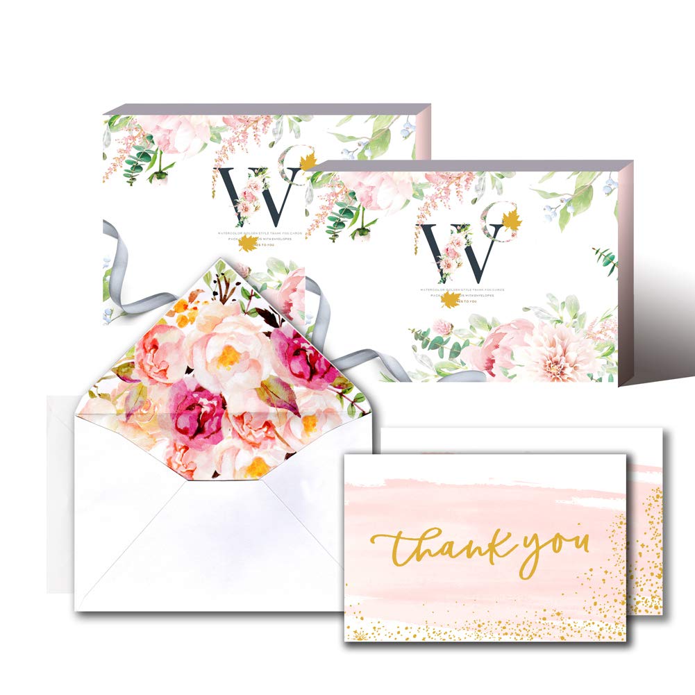 Premium Gold Foil Watercolor Thank You Cards Set of 22 with Envelopes & Stickers - Elegant Greeting Cards for Baby Shower, Wedding, Bridal Shower, Business Appreciation - Perfect for Special Occasions and Thoughtful Gifts