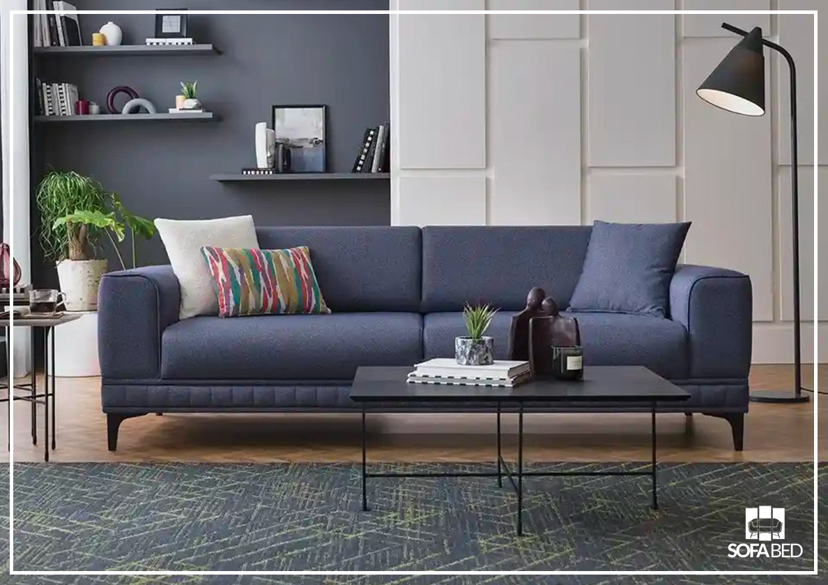 Enza Home Pavia 3-Seater Convertible Sofa Bed in Navy Blue Fabric with Track Arms - Perfect for Small Spaces, Guest Rooms & Apartments