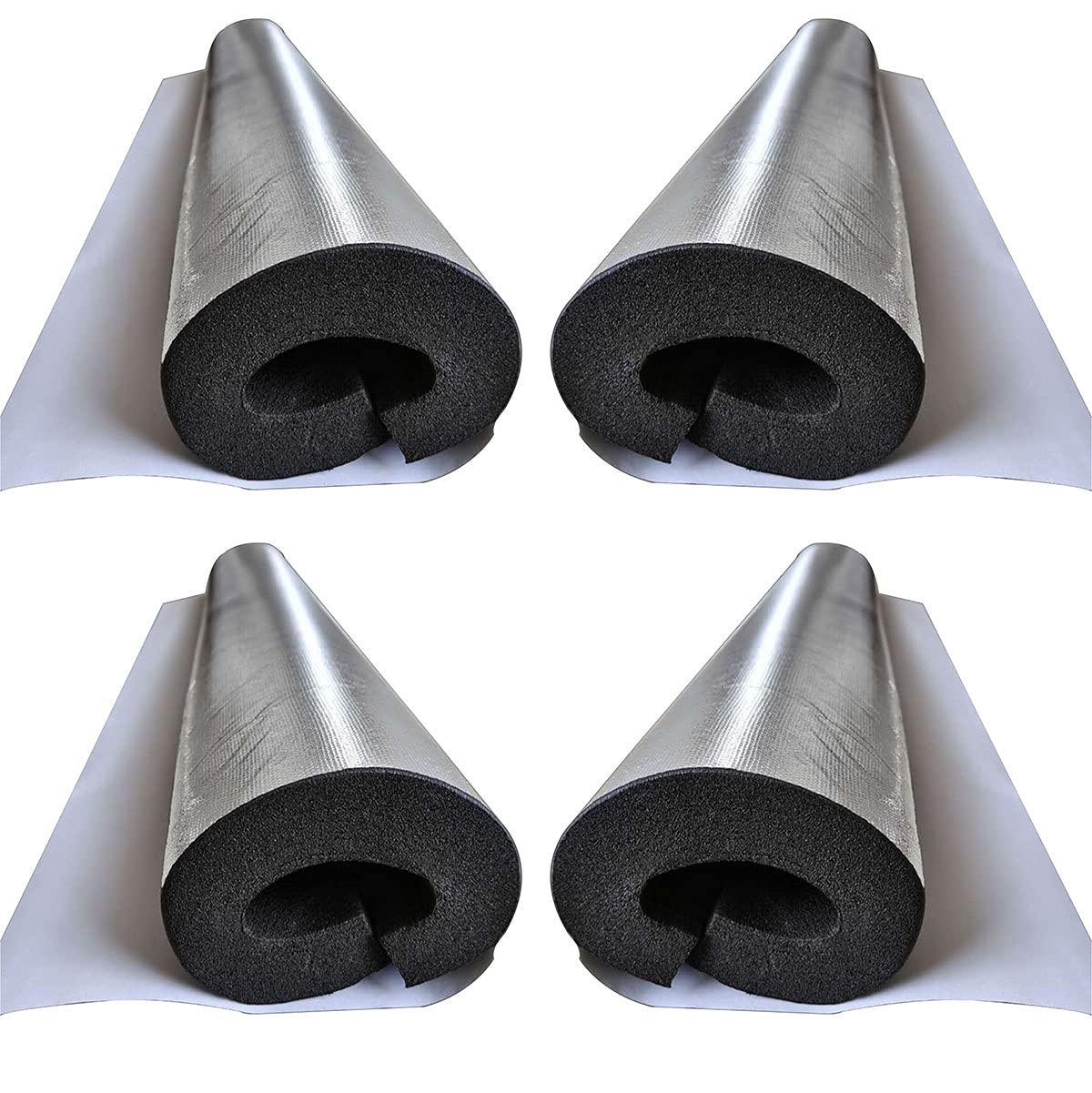 SYLJ 4-Piece Foam Semi-Split Pipe Insulation with Aluminum Foil - High Density Rubber Plastic AC Pipe Cover for Heat & Freeze Protection - Ideal for Outdoor Water Pipes, Faucets & HVAC Systems (Great for Winter Pipe Protection & Energy Savings)