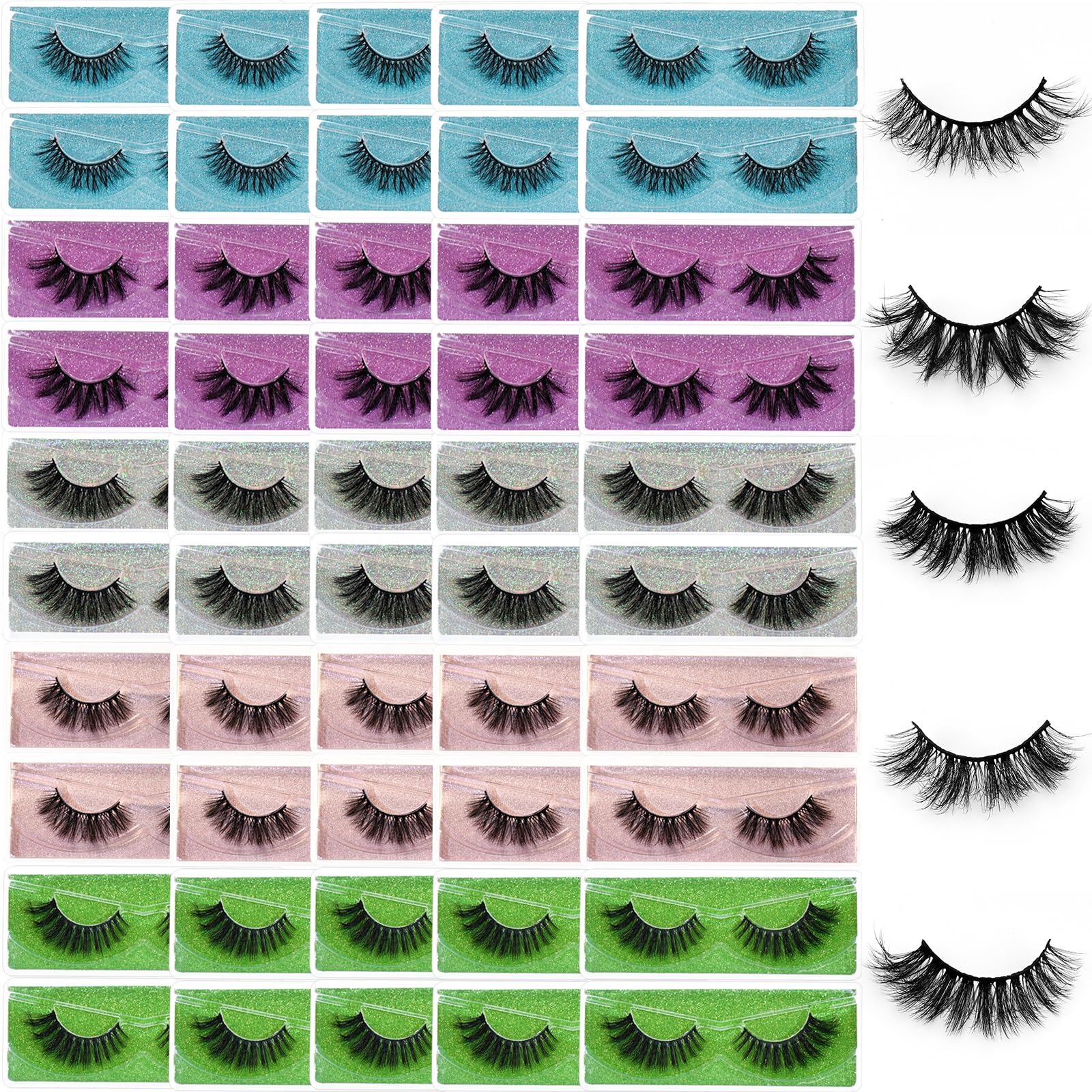 Wholesale 3D Faux Mink Eyelashes Bulk - 18mm Handmade Reusable False Lashes, 5 Styles Dramatic Fluffy Lashes with Glitter (50 Pairs) - Perfect for Parties, Weddings & Special Occasions