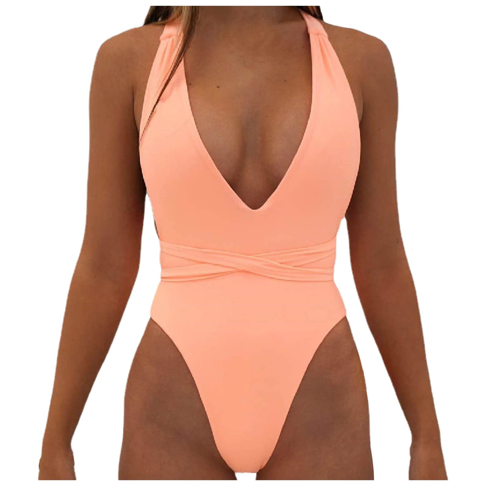 Huazi2 Women's Sexy Deep V Neck High Waist One Piece Swimsuit - Adjustable Bandage Belt Bathing Suit for Beach, Pool & Vacation | Plus Size Swimwear for Summer & Tropical Getaways