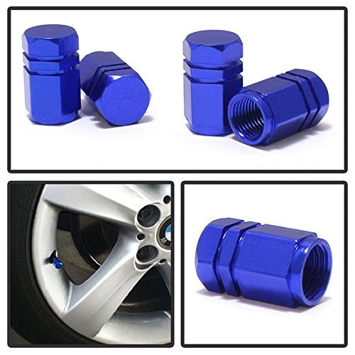 Blue Anodized Aluminum Tire Valve Caps - Hexagon Racing Style (4 Pack) - Perfect for Car, Motorcycle & Bike Customization & Performance Tuning