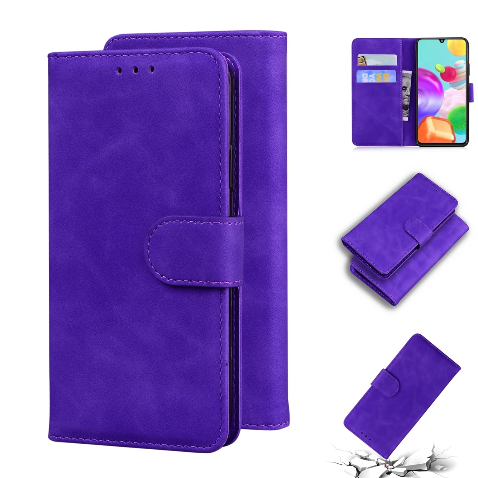 Samsung Galaxy A41 Leather Phone Case - Premium Flip Cover with Soft Skin Feel, Pure Color (Purple) - Perfect for Daily Use, Work & Travel Protection
