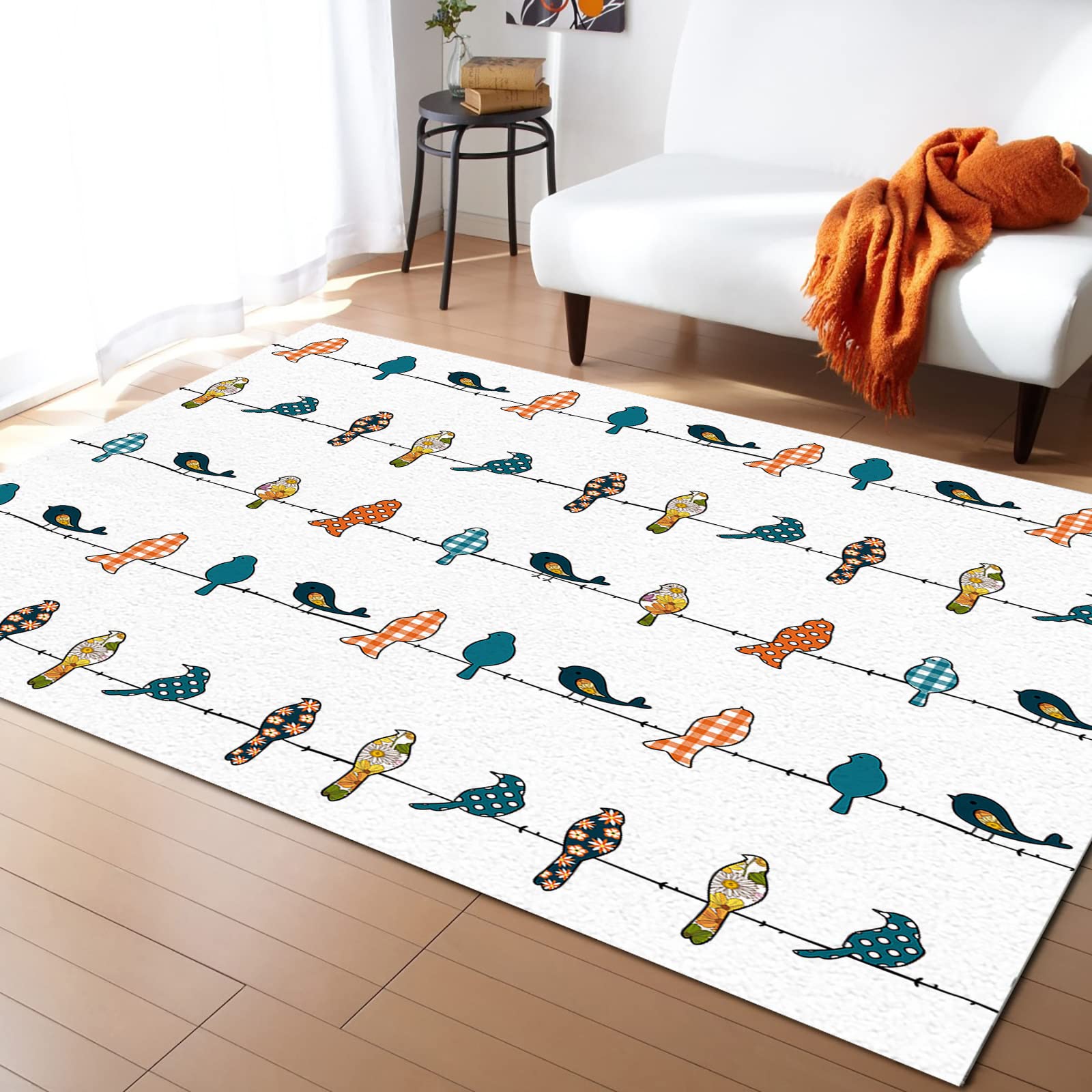 5'x8' Birds Flowers Area Runner Rug - Washable Indoor Outdoor Carpet for Kitchen, Living Room, Bathroom, Bedroom, Classroom & Laundry Room - Blue Boho Polka Dot Plaid Orange Teal Welcome Floor Mat | Perfect for Entryways, Home Decor & High Traffic Areas