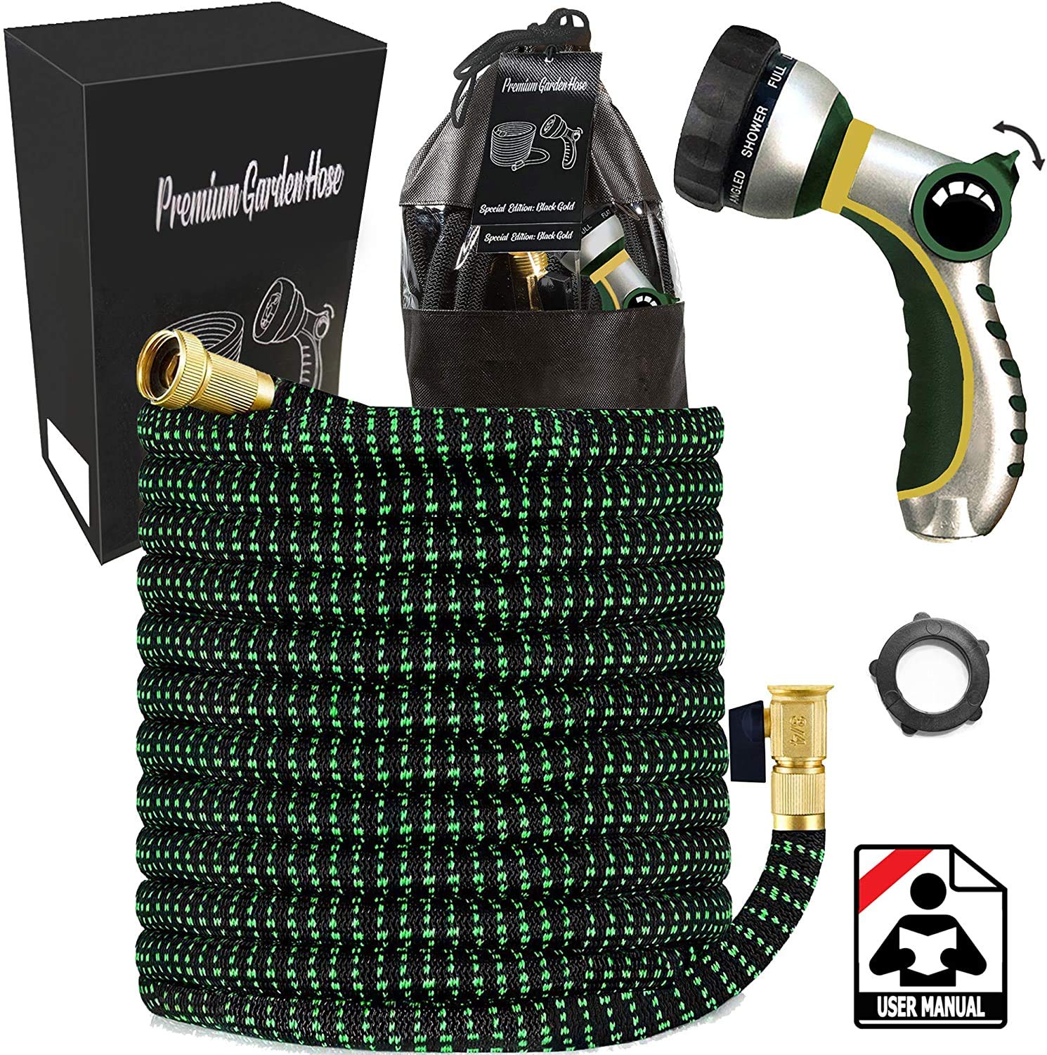 Heavy Duty Expandable Garden Hose 75ft - Triple Layer Latex Core, Thumb Control Spray Nozzle, Black & Green - Perfect for Lawn Care, Car Washing & Outdoor Cleaning (3/4 Inch USA Standard)