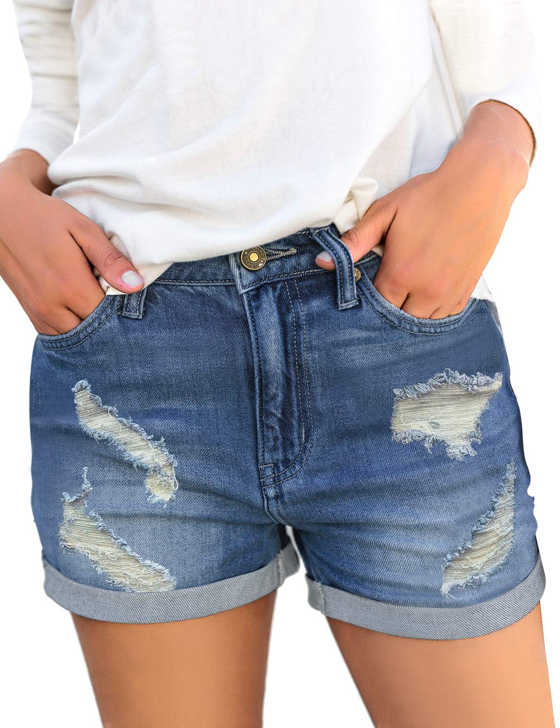 LookbookStore Women's High Waisted Denim Shorts with Sewn Cuffs & Button Details | Summer Fashion | Casual Outfit, Beach Wear & Street Style