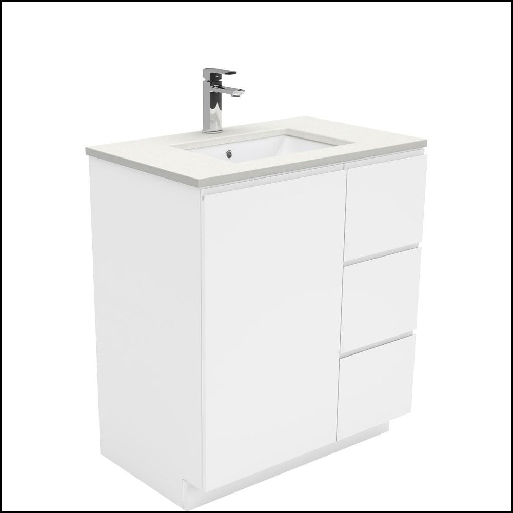 Fienza Crystal Pure SC75CR 750mm Undermount Stone Top Vanity Unit with Fingerpull, Kickboard & Left Drawers - Modern Bathroom Sink Cabinet for Small Spaces, Perfect for Apartments and Powder Rooms