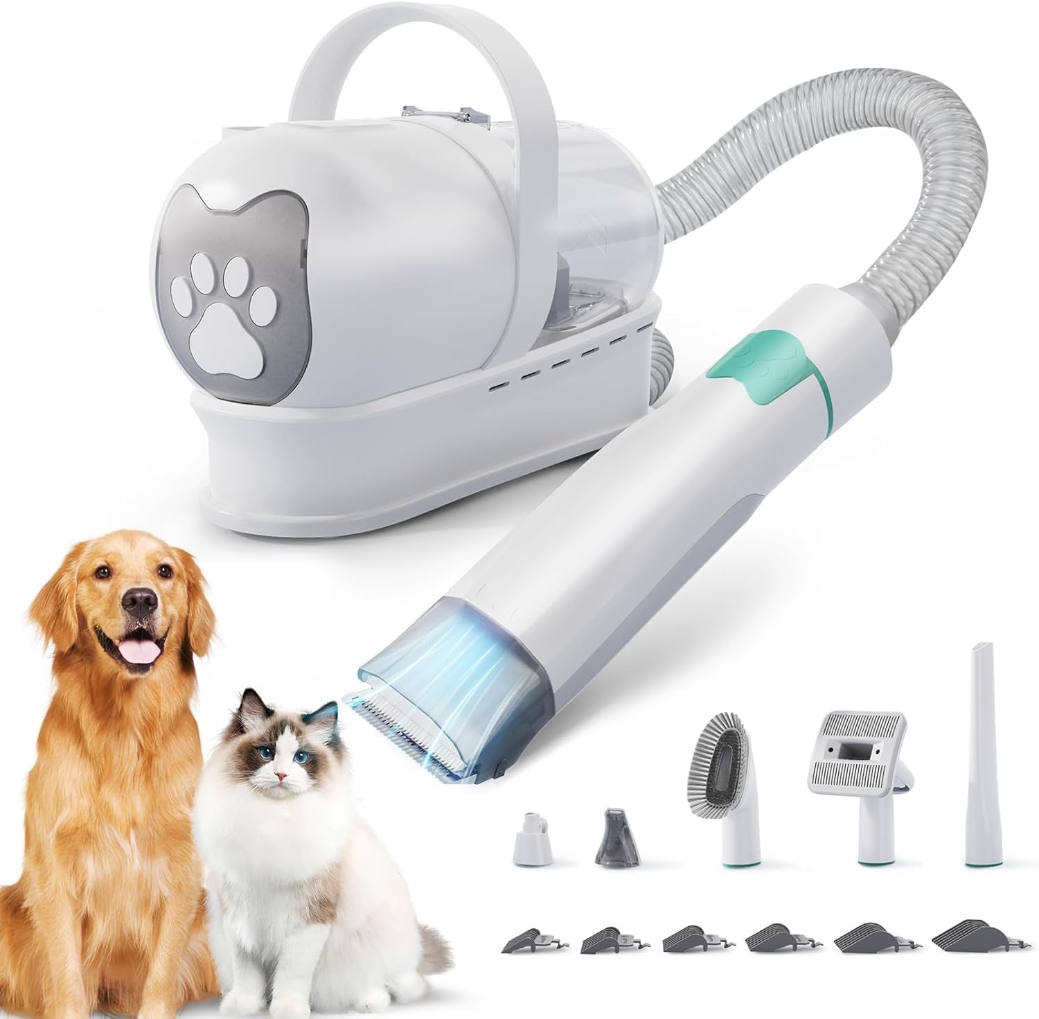 Professional Dog Grooming Kit - 6-in-1 Pet Grooming Vacuum with Clipper & Nail Grinder - Low Noise Pet Hair Vacuum for Dogs & Cats - Perfect for Shedding Control & Home Grooming (White) - Ideal for Daily Pet Care & Salon-Quality Results at Home