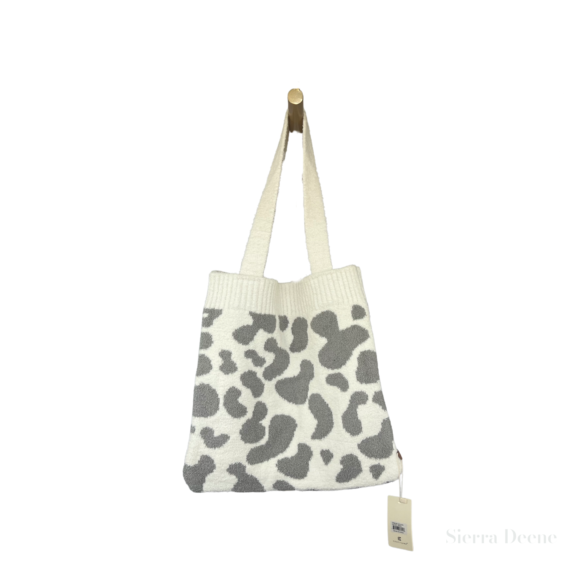 Luxurious Cow Print Knitted Microfiber Tote Bag - Gray & Cream - Stylish & Durable Women's Handbag for Shopping, Work & Travel