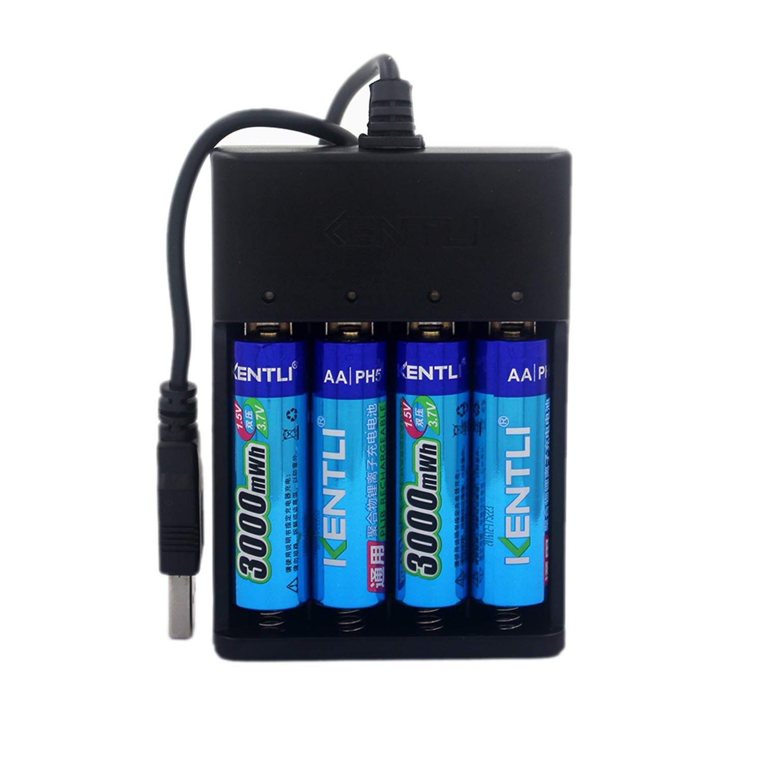CHU4 USB Charger with 4 x 1.5V 3000mWh Rechargeable AA Lithium Batteries - Compatible with LED Flashlights, Digital Cameras & Microphones - Includes 4 AA Li-Polymer Batteries for Home, Travel & Emergency Power Needs