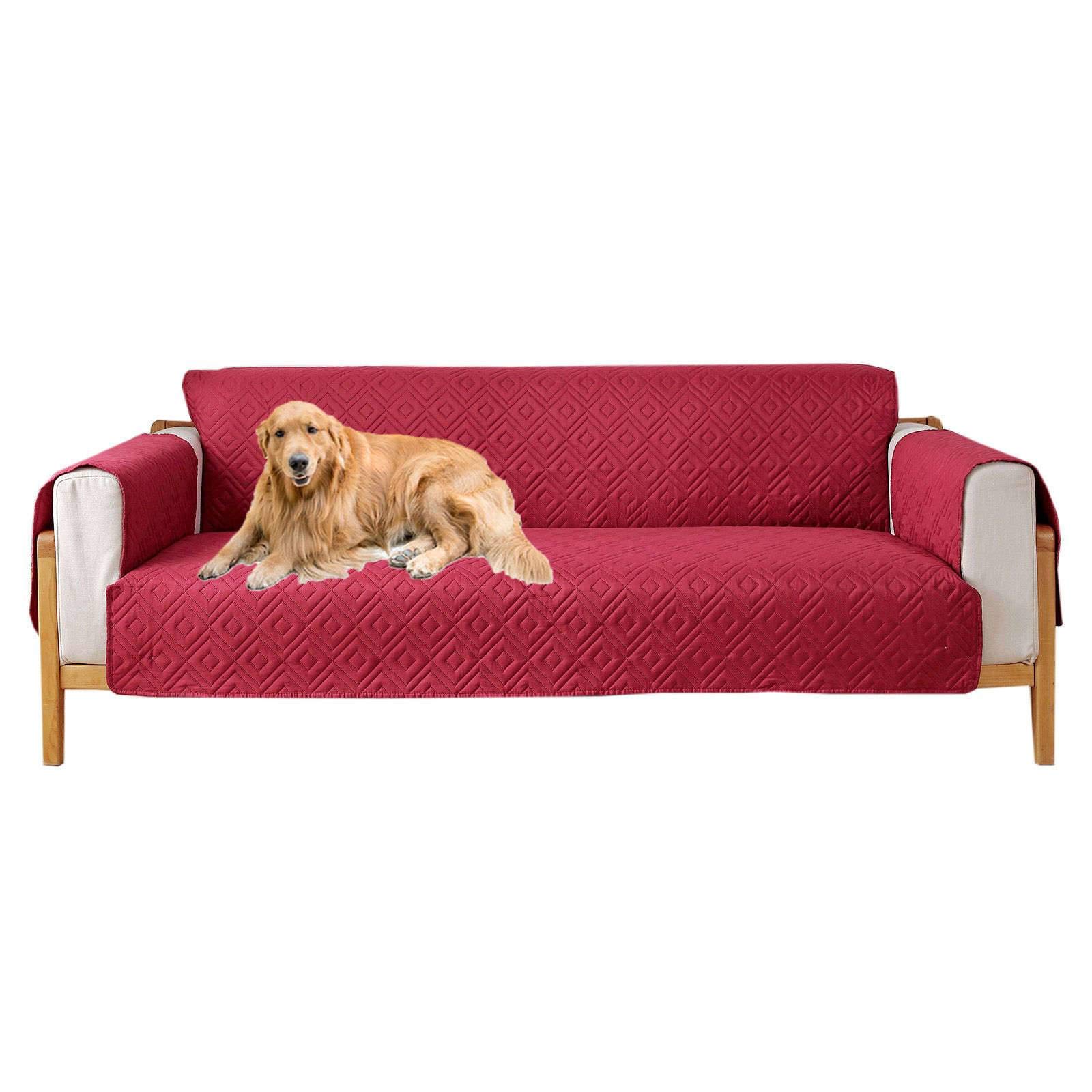 ZHFEL Reversible Quilted Sofa Slipcover with Elastic Straps - Washable 3-Cushion Couch Cover for Pets & Kids, Non-Slip Furniture Protector (Red Wine) - Perfect for Living Room, Family Gatherings & Pet-Friendly Homes