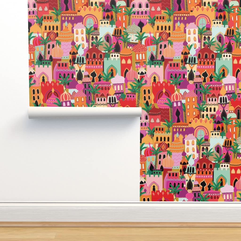 Peel & Stick Wallpaper Swatch - Moroccan Village Sunset Pink Terra Cotta Tropical Travel Custom Removable Wallpaper by Spoonflower | Perfect for Bedroom, Living Room & Office Decor