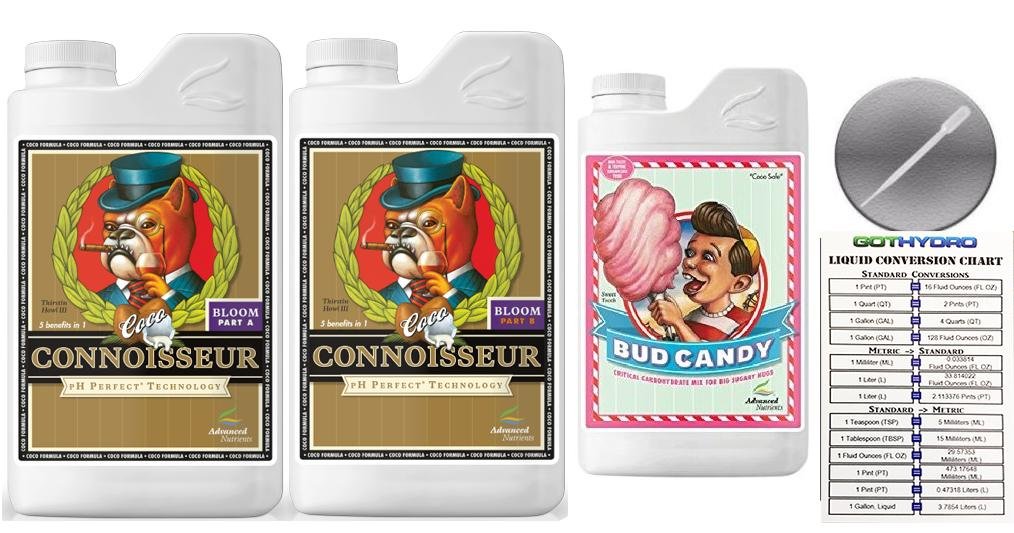 Advanced Nutrients Connoisseur Coco Bloom A&B 1L + Bud Candy 500mL Hydroponic Nutrient Kit with GotHydro Conversion Card & Pipette - Perfect for Indoor Cannabis Growing, Hydroponics, and Coco Coir Systems