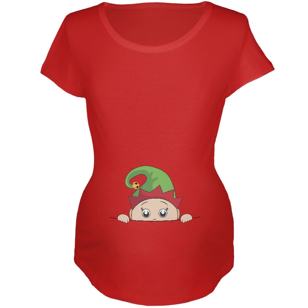Christmas Peeking Baby Elf Red Maternity Soft T-Shirt - Comfortable Pregnancy Shirt for Holiday Photos & Family Gatherings