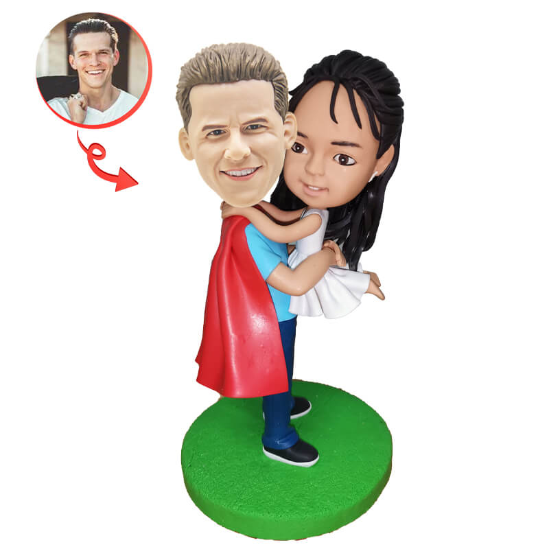 Custom Super Dad Hugging Cute Daughter Bobblehead - Personalized Family Figurine Gift for Father's Day, Birthday & Home Decor