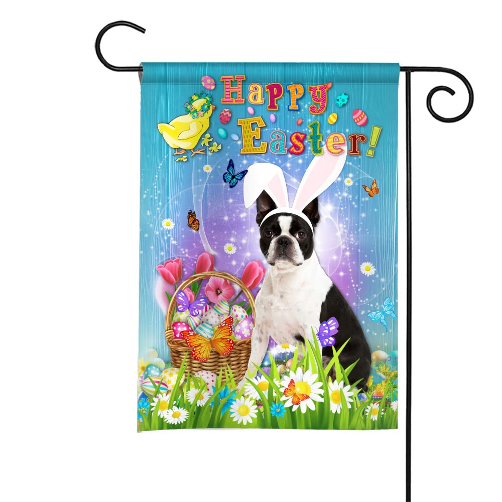 Easter Garden Flag with Bunny & Eggs - Boston Terrier Dog Lover Decor - 11.5x17.5 Inch Seasonal Holiday Yard Banner for Spring, Home & Outdoor Decor