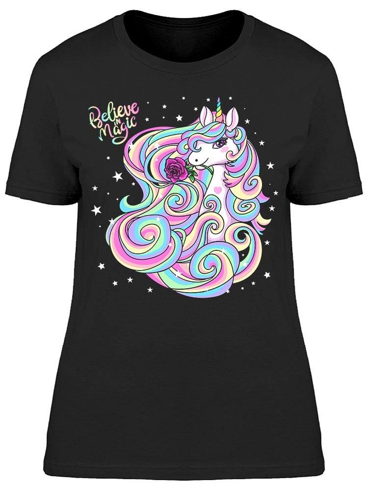 Believe Magic Unicorn Rose T-Shirt for Women - Cute Graphic Tee for Casual Wear, Outings & Gift Giving