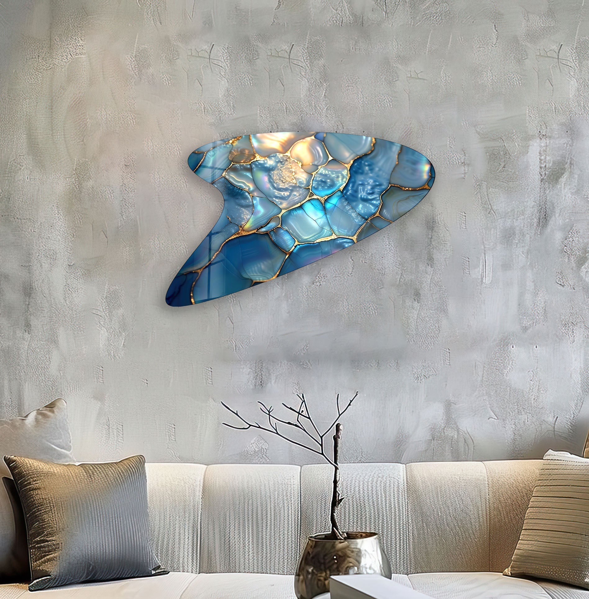 Abstract Blue Marbled Glass Wall Art - Modern Handmade Home Decor for Living Room, Bedroom & Office - Unique Textured Glass Panel for Contemporary Interior Design