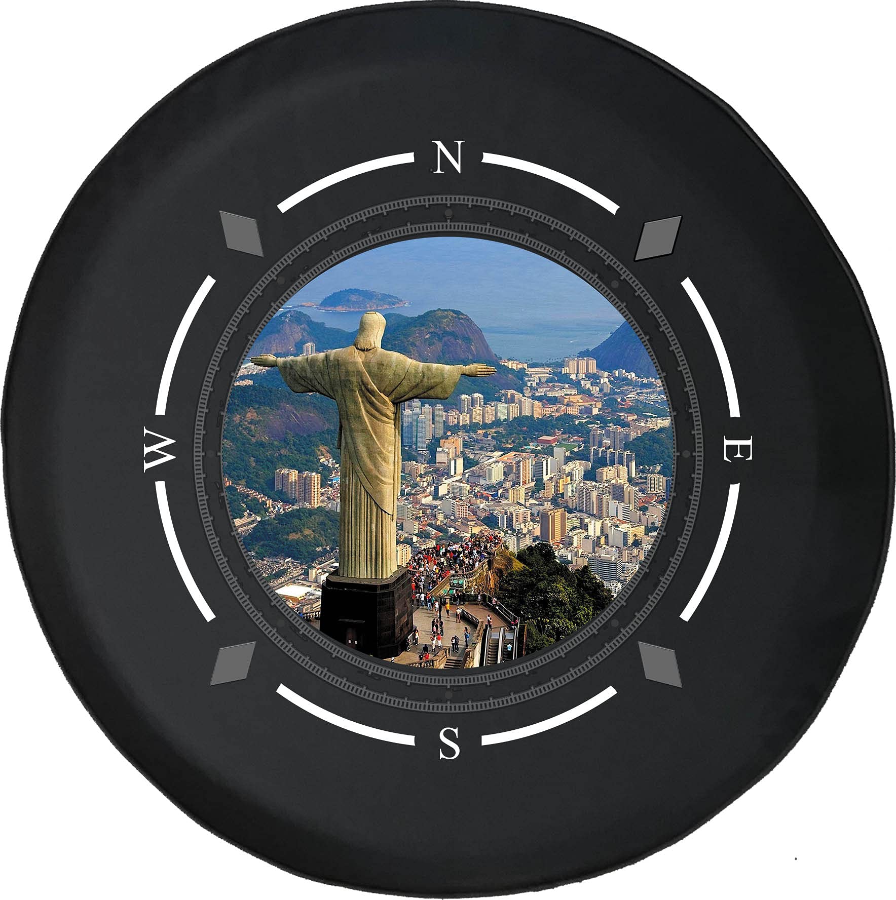 American Unlimited Spare Tire Cover with Compass & Rio de Janeiro Statue Design - Universal Fit for SUV, Trailer, RV & Most Vehicles - Perfect for Road Trips & Outdoor Adventures