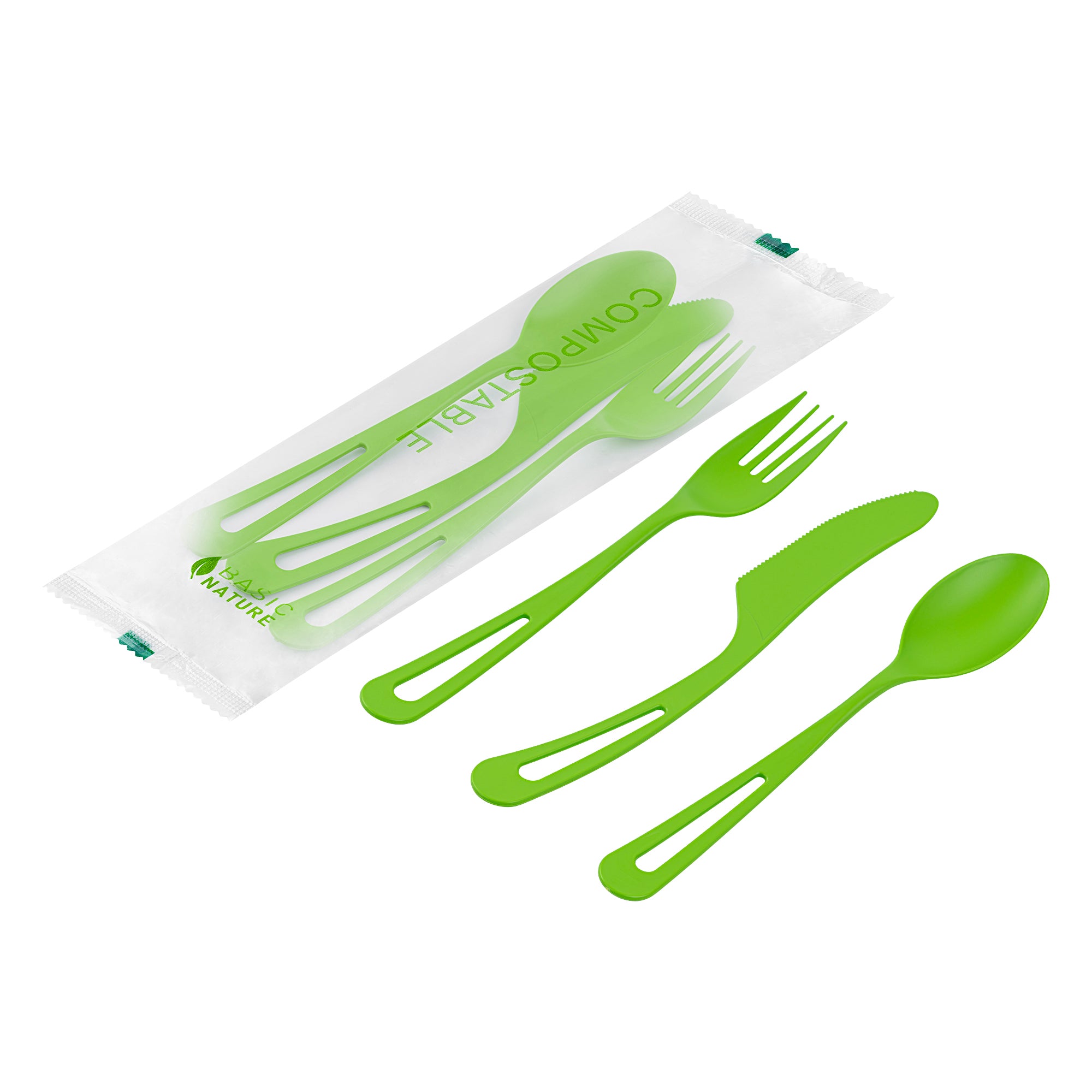 Eco-Friendly Green CPLA Plastic Cutlery Set - 100-Piece Compostable Cutlery with Heat-Resistant Wrapper (7.5