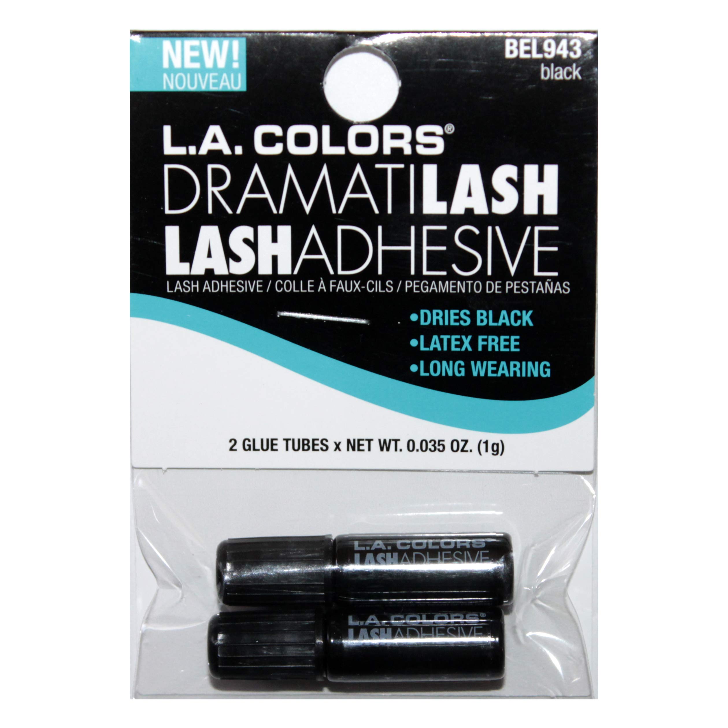 L.A. Colors DramatiLash Black Eyelash Glue - Latex Free, Long Lasting Adhesive, Dries Black - 2 Pack (BE943) - Perfect for False Eyelash Application, Cosplay & Special Effects Makeup