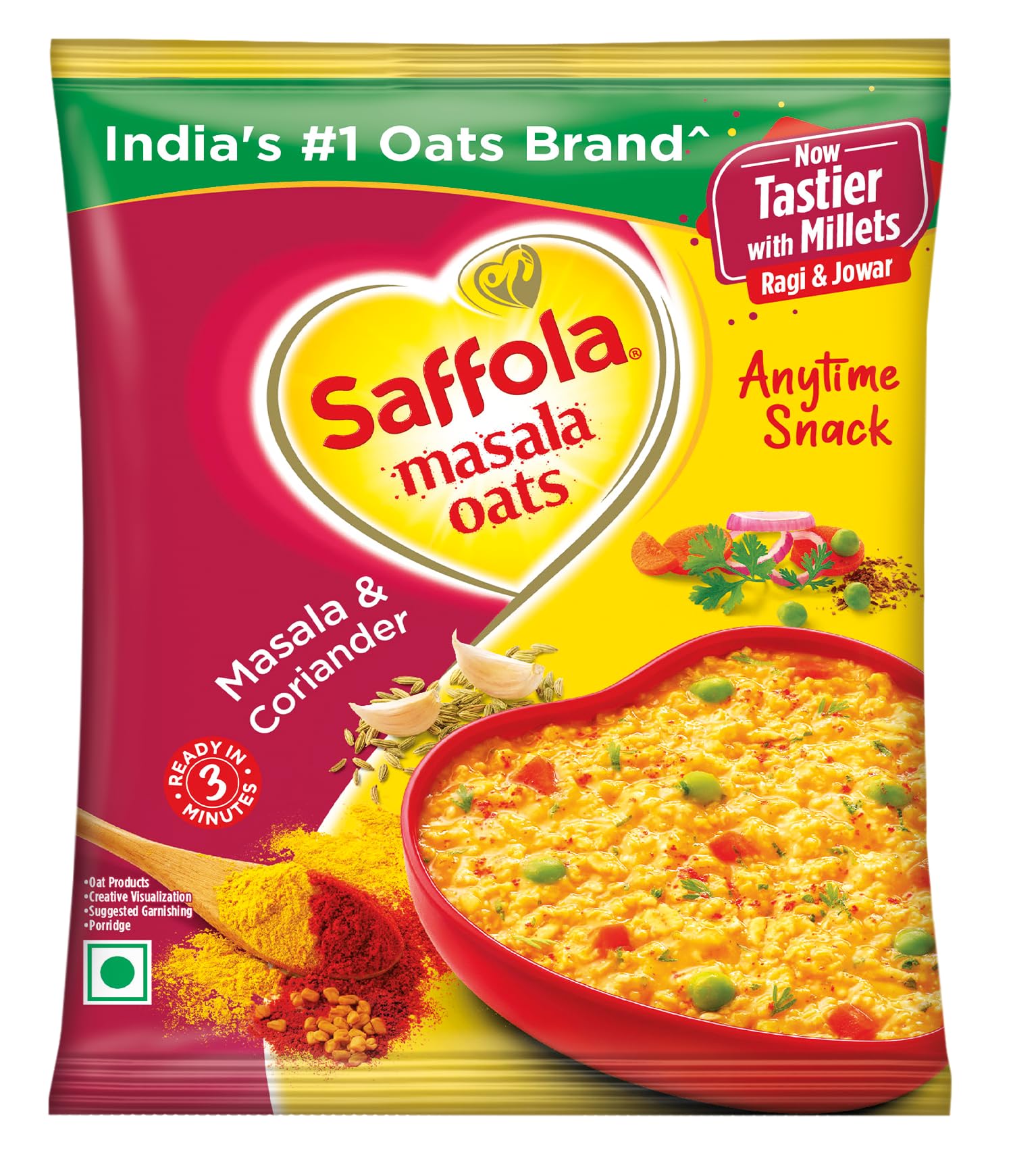 Saffola Masala Oats - Spiced Coriander Flavor - 39g (1.37oz) - Vegetarian Instant Oatmeal from India - Perfect for Breakfast, Snacks & Healthy Lifestyle