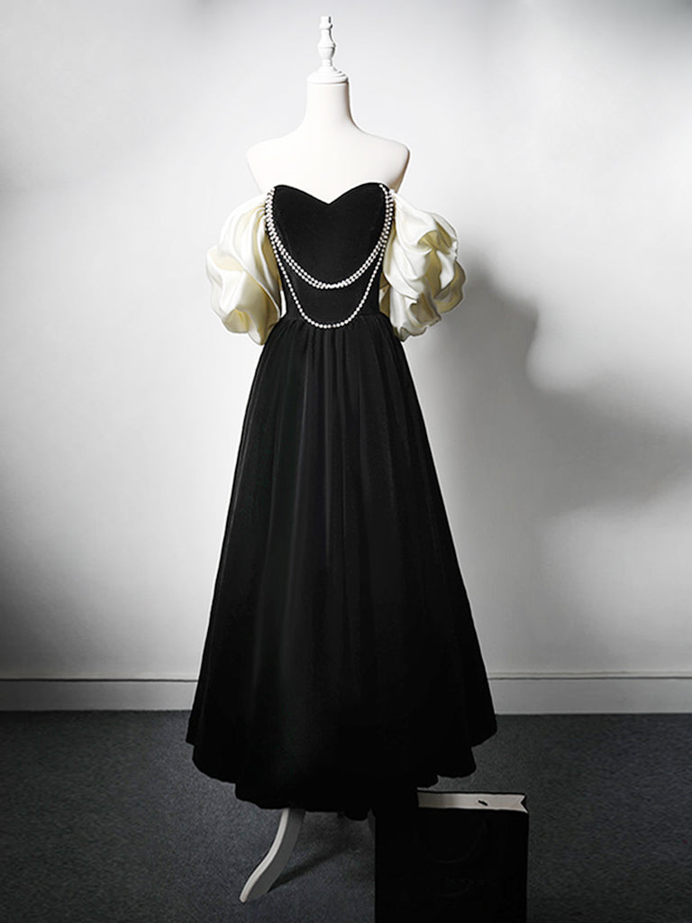 Elegant A-Line Velvet Tea-Length Black Prom Dress for Women - Perfect for Formal Dances, Evening Parties & Special Occasions