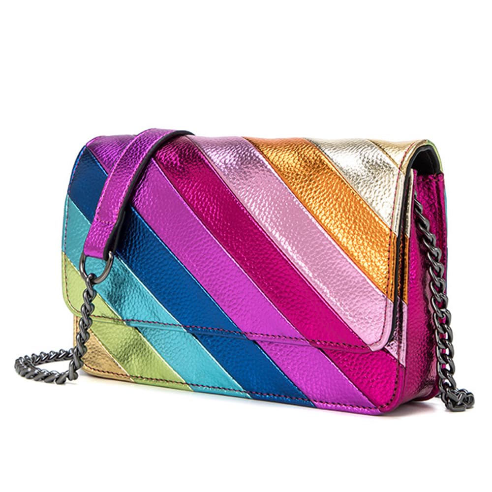 Rejolly Women's Rainbow Stripe Crossbody Shoulder Bag - Color Block PU Leather Purse with Adjustable Chain Strap | Fashionable Accessory for Casual Outings, Travel & Daily Use