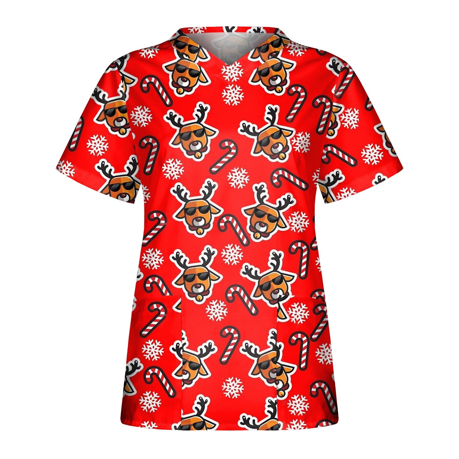 Women's Christmas Print Nurse Uniform Scrub Tops - Short Sleeve Tee Shirts with Pockets | Holiday Workwear for Medical Professionals & Healthcare Workers