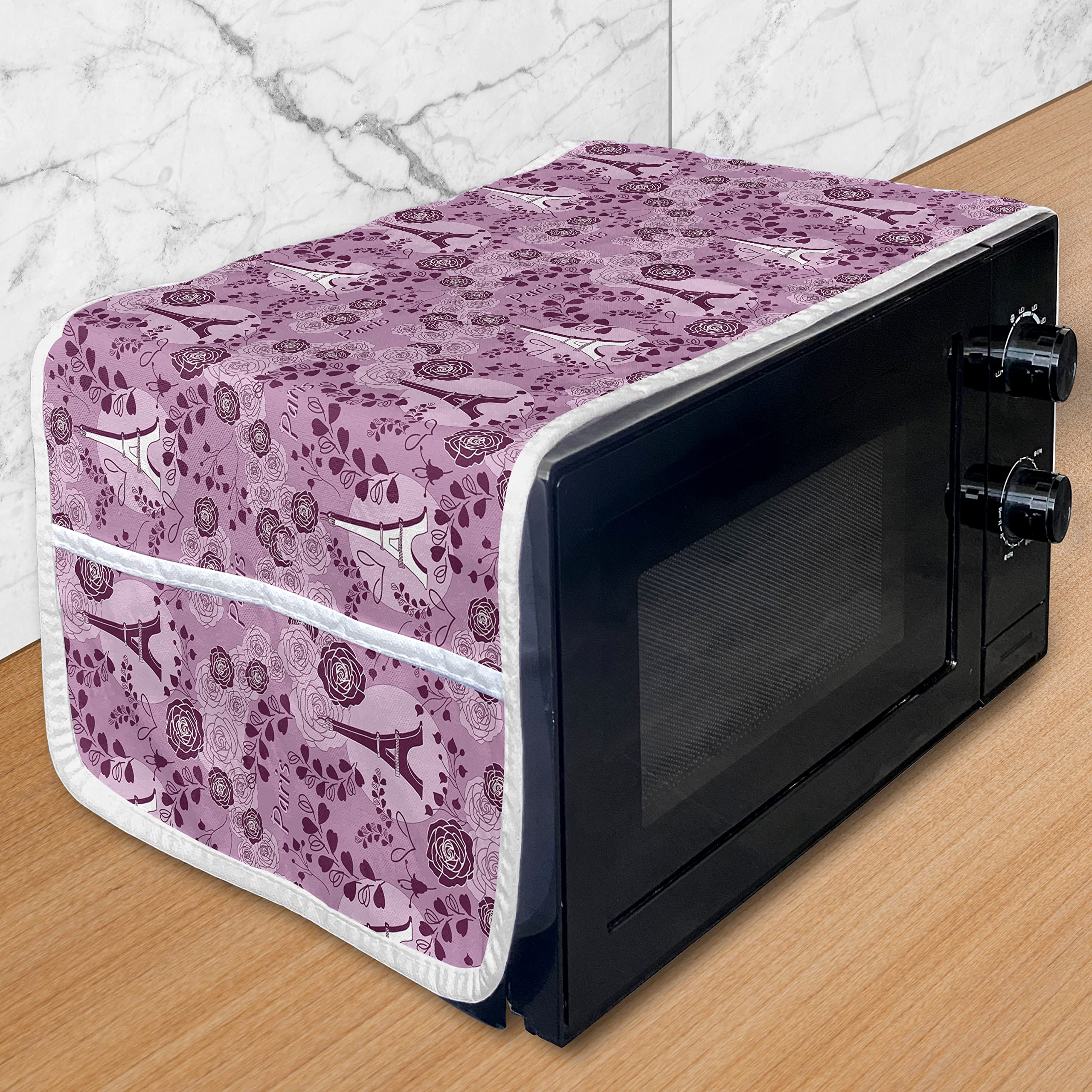 Ambesonne Valentine's Day Microwave Cover - Romantic Rose Flowers with Eiffel Tower Silhouette & Paris Quote - Waterproof Kitchen Organizer with Pockets - 36x12 Inches - Pale Fuchsia Plum White - Perfect for Valentine's Gifts & Kitchen Decor