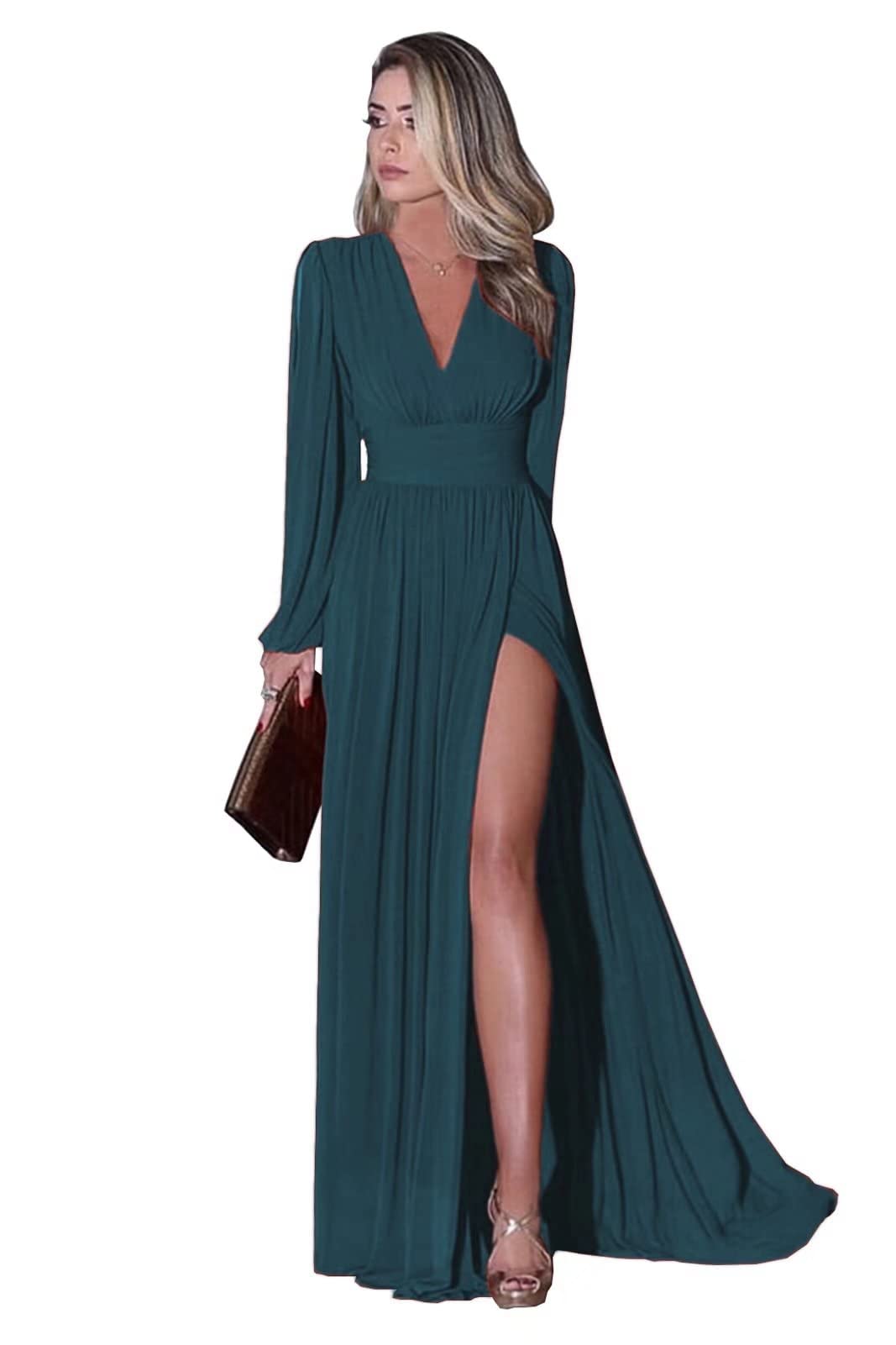 Elegant V-Neck Long Sleeve Bridesmaid Dress with High Slit | A-Line Ruched Chiffon Formal Gown for Women | Perfect for Weddings, Evening Parties & Special Occasions