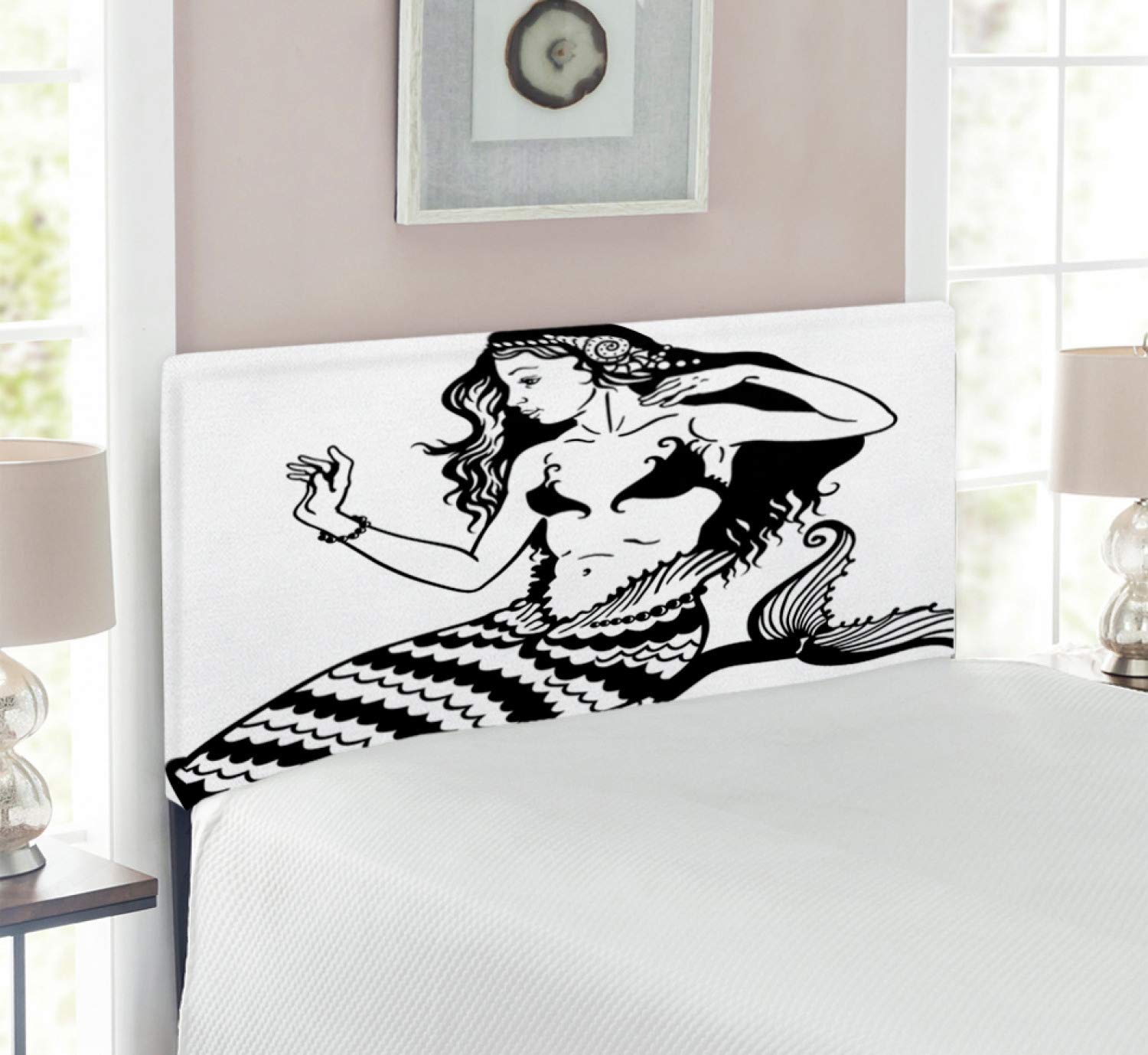 Ambesonne Underwater Mermaid Headboard - Twin Size Upholstered Metal Bed Frame with Memory Foam, Black & White Mythological Art Design | Perfect for Kids' Bedrooms, Beach Themed Decor & Fantasy Room Makeovers