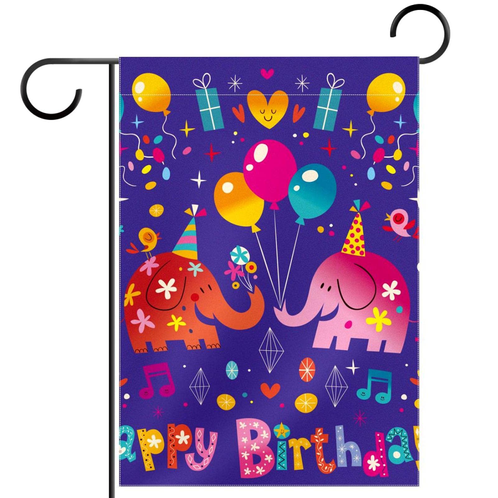Double Sided Happy Birthday Elephant Balloon Garden Flag - 28x40 Inch Outdoor Yard Decor for Summer Parties, Birthdays & Celebrations - Perfect for Front Yard, Backyard & Patio Decorations