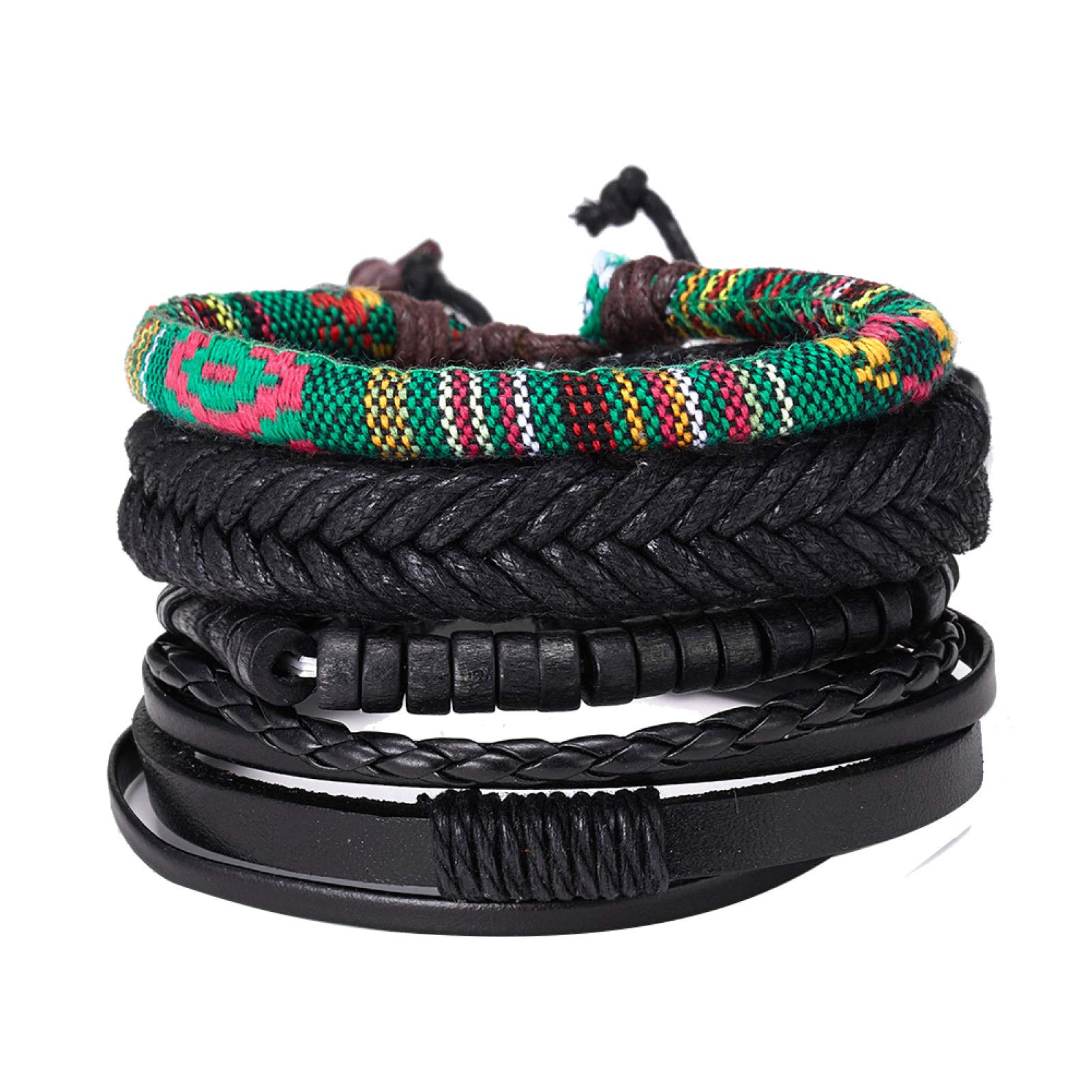 Hislaves 4-Piece Vintage Men's Braided Faux Leather Beaded Bracelet Set - Mixed Style Bangle Jewelry Accessories for Casual Wear, Gifts & Everyday Fashion