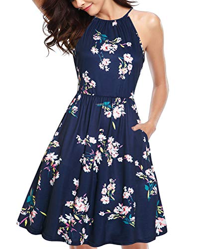 KILIG Women's Halter Neck Sundress - Sleeveless Summer Beach Dress with Pockets | Casual Flowy Dress for Vacation, Pool Party & Outdoor Activities