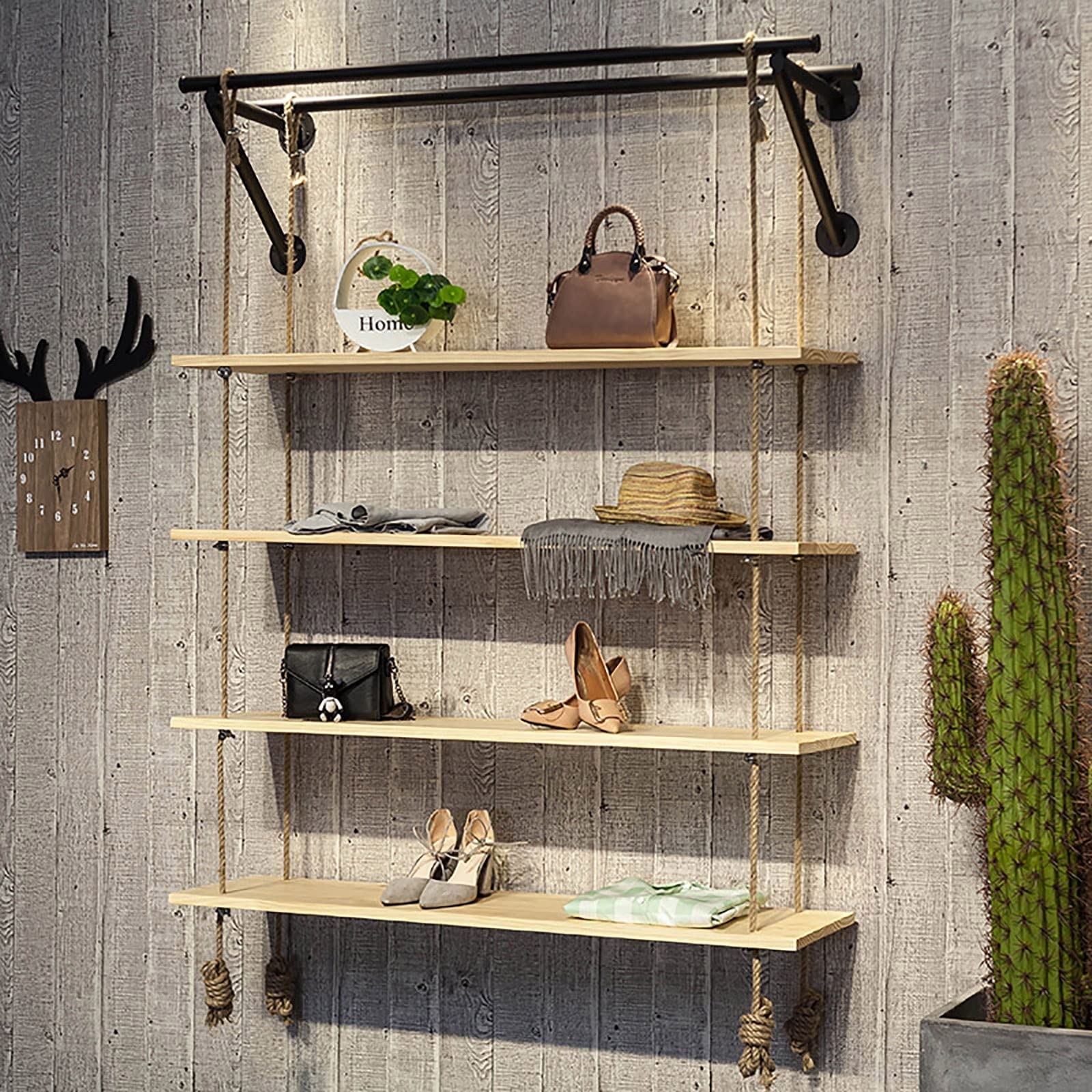 KEPMOGOH 4-Tier Hanging Wall Shelf - Floating Swing Storage Shelves with Durable Hemp Rope - Space-Saving Organizer for Bedroom, Living Room, Kitchen (80cm) - Perfect for Small Spaces, Bathroom Storage & Home Decor