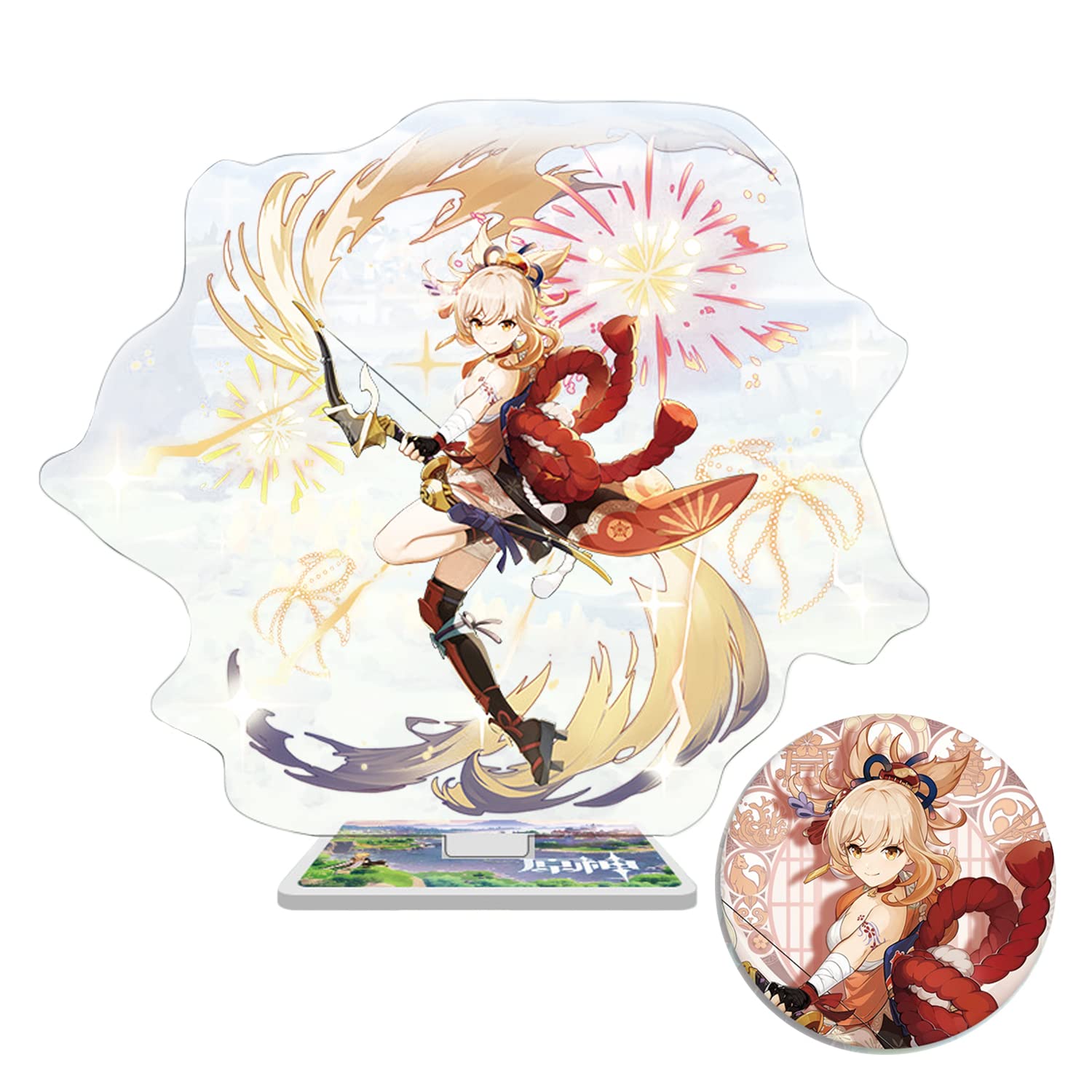 Yoimiya Acrylic Figure with Badge - Genshin Impact Inazuma Naganohara Yoimiya Collectible - Anime Game Character Statue for Display, Gift & Fan Collection | Perfect for Desk Decor, Gaming Room & Anime Lover's Shelf