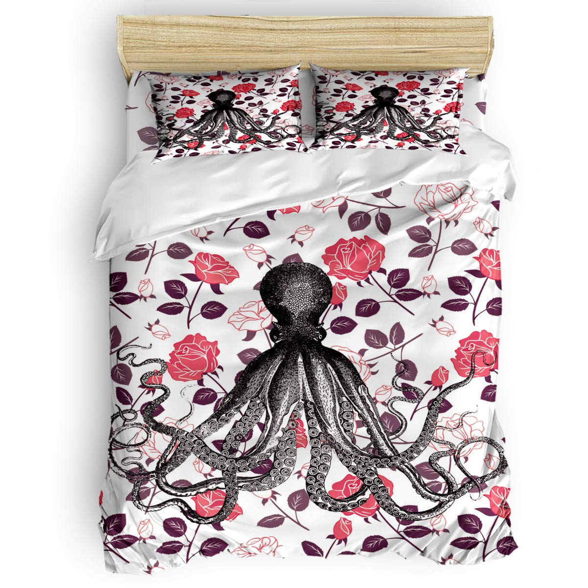 Queenker 4-Piece Full Size Bedding Set - Soft Octopus Printed Duvet Cover, Flat Sheet & Pillowcases for Adults, Teens & Kids | Cozy Bedroom Decor for Boys, Girls & Teens