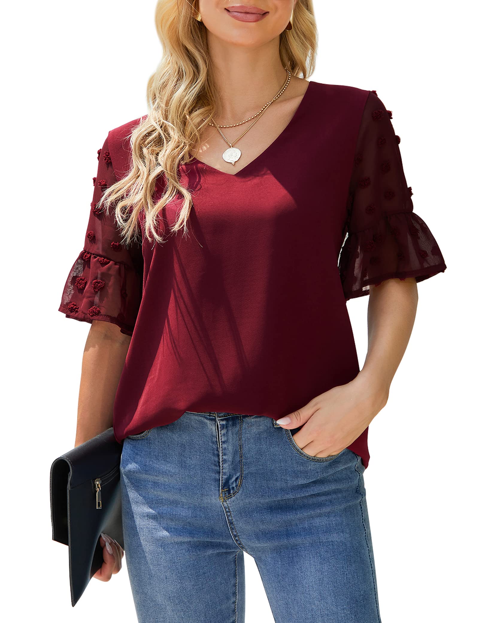 GOORY Swiss Dot Tops for Women - Lantern Sleeve V-Neck Chiffon Blouse for Casual & Work Wear | Office Outfits, Date Night & Spring Summer Fashion