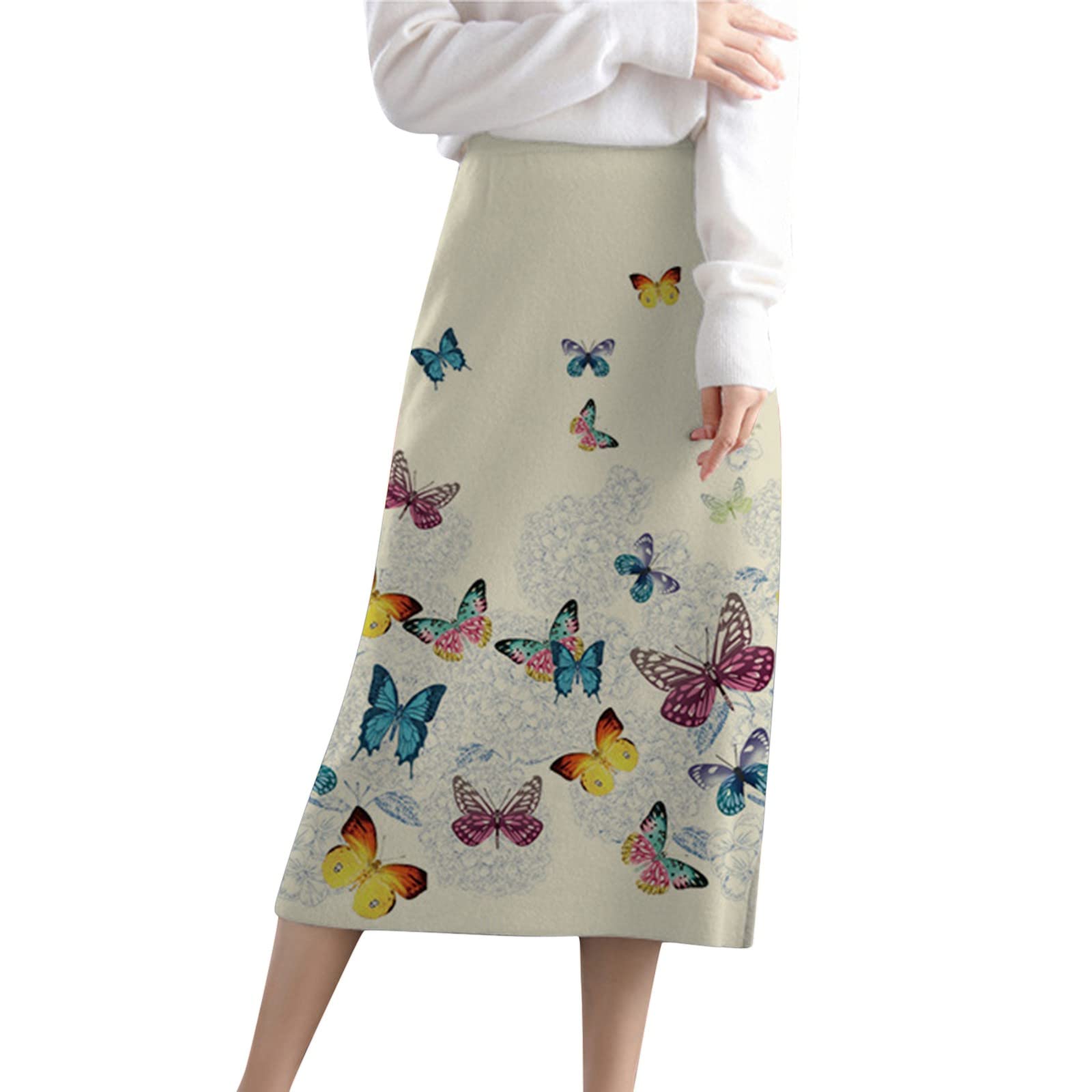 Women's Stretchy High Waist Bodycon Pencil Skirt with Thigh Split & Butterfly Print - Rib Knit Long Maxi Skirt for Fall Winter - Perfect for Office, Party, Date Night & Casual Wear