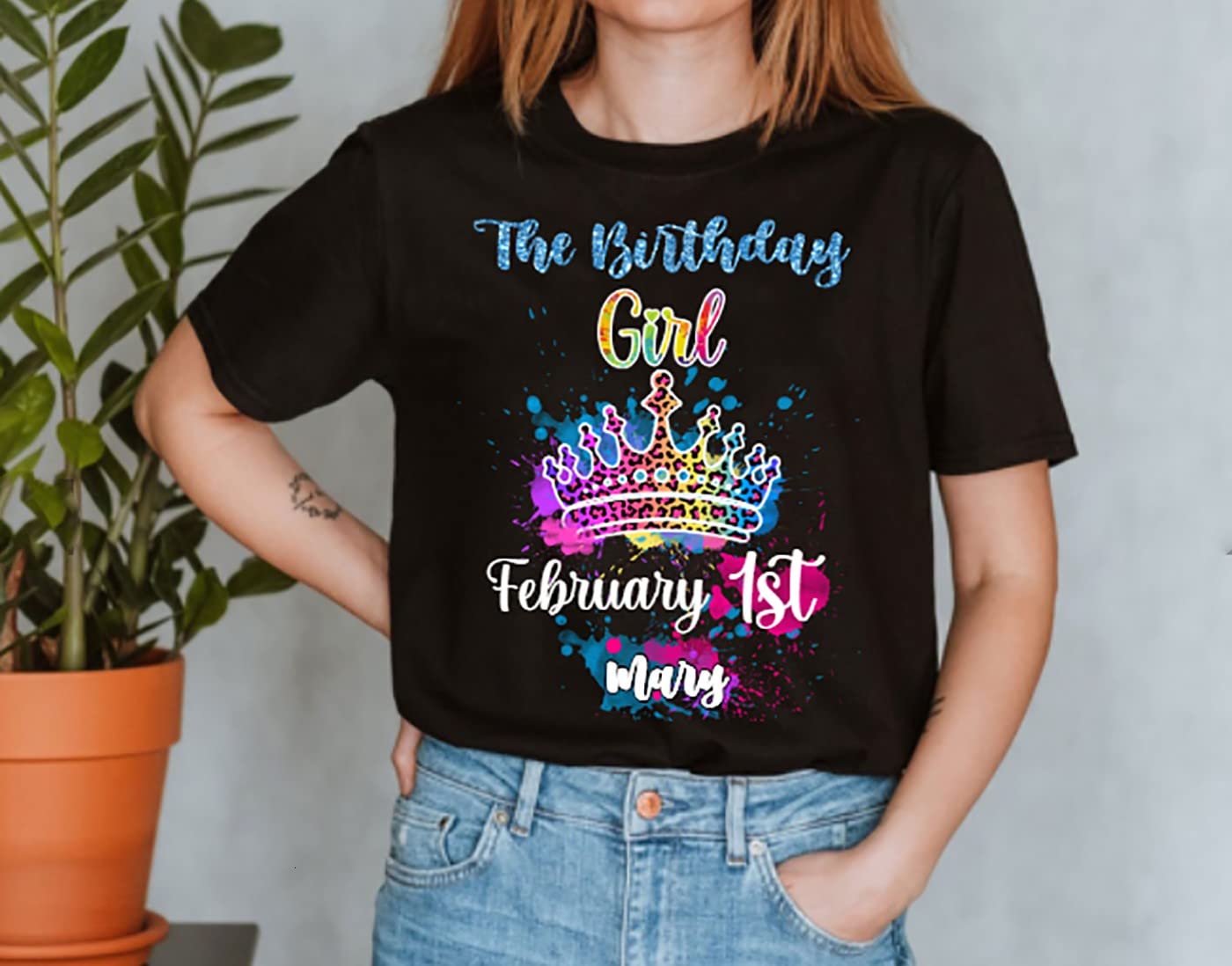 Custom February Birthday Girl Leopard Crown T-Shirt - Personalized Name & Age Shirt for Birthday Queen 2022 | Fun February Birthday Party Outfit & Gift Idea