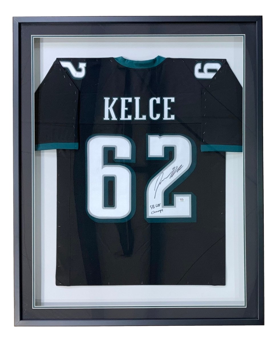 Jason Kelce Philadelphia Eagles Signed Framed Black Football Jersey - Super Bowl LII Champions - PSA Authenticated - Perfect for Eagles Fans, Sports Memorabilia Collectors & Man Cave Decor
