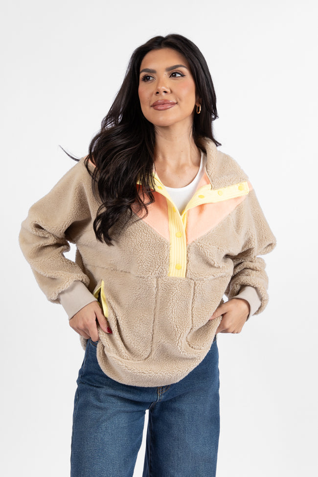 Cozy Beige & Multi-Color Sherpa Pullover Sweatshirt - Warm Fleece Lined Winter Hoodie for Women & Men | Perfect for Cold Weather, Outdoor Activities & Casual Wear